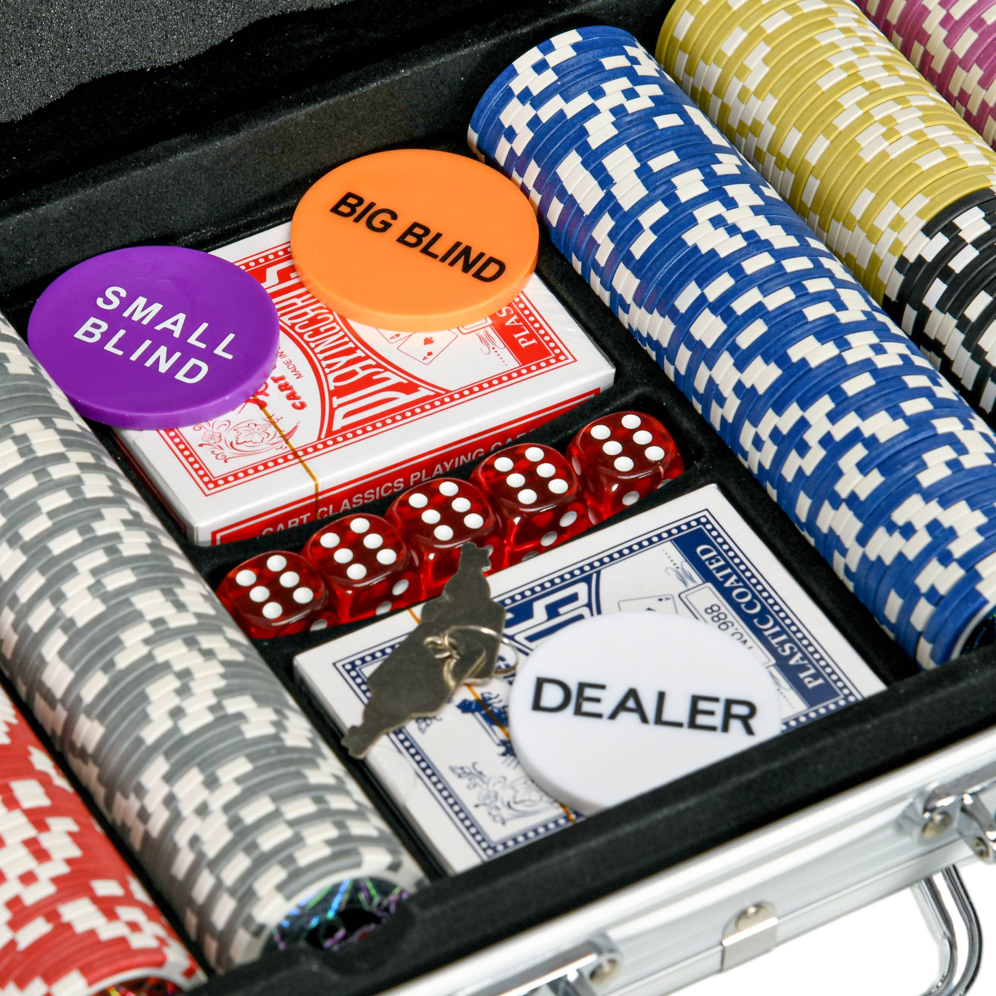 Mallette de Poker Coffret de Poker Complet avec 500 jetons 5 dés 2 Jeux de Cartes 3 boutons 1 Tapis en Feutre - Image 9