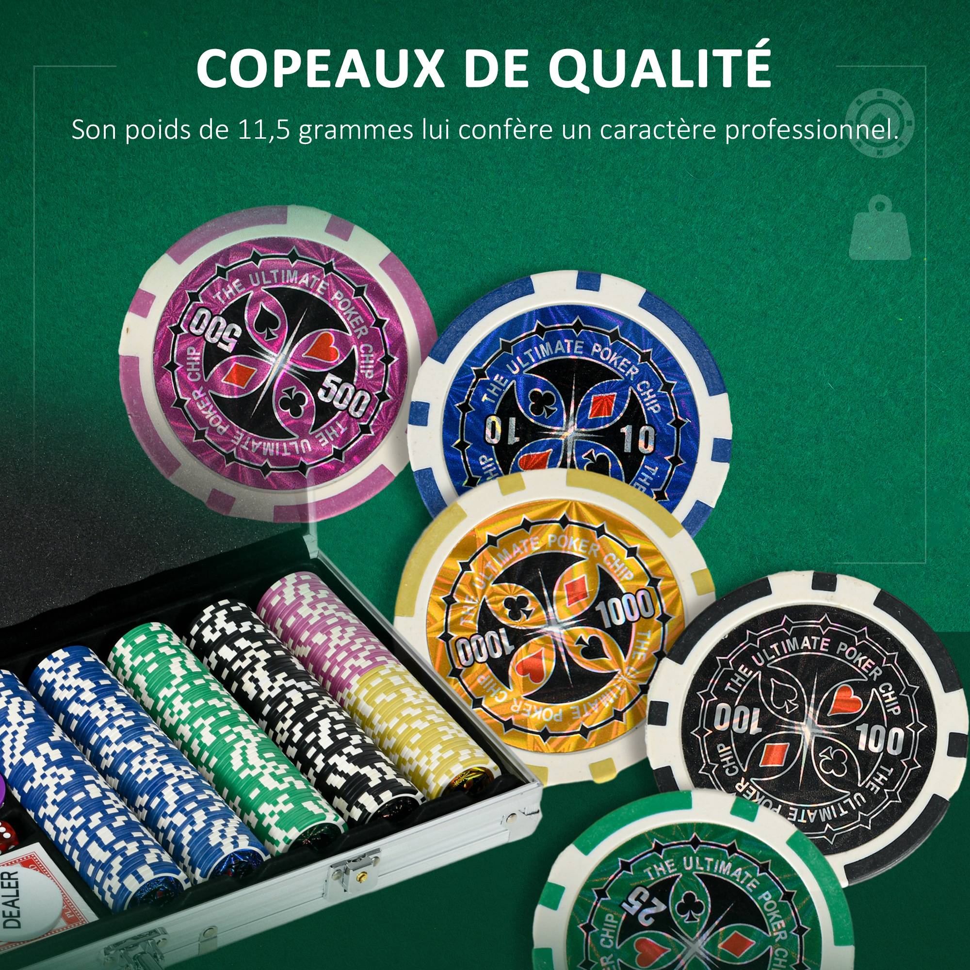 Mallette de Poker Coffret de Poker Complet avec 500 jetons 5 dés 2 Jeux de Cartes 3 boutons 1 Tapis en Feutre - Image 7
