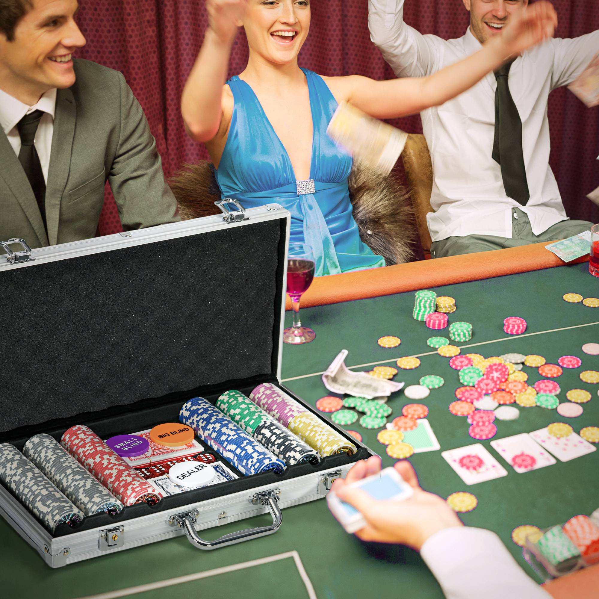 Mallette de Poker Coffret de Poker Complet avec 500 jetons 5 dés 2 Jeux de Cartes 3 boutons 1 Tapis en Feutre - Image 3