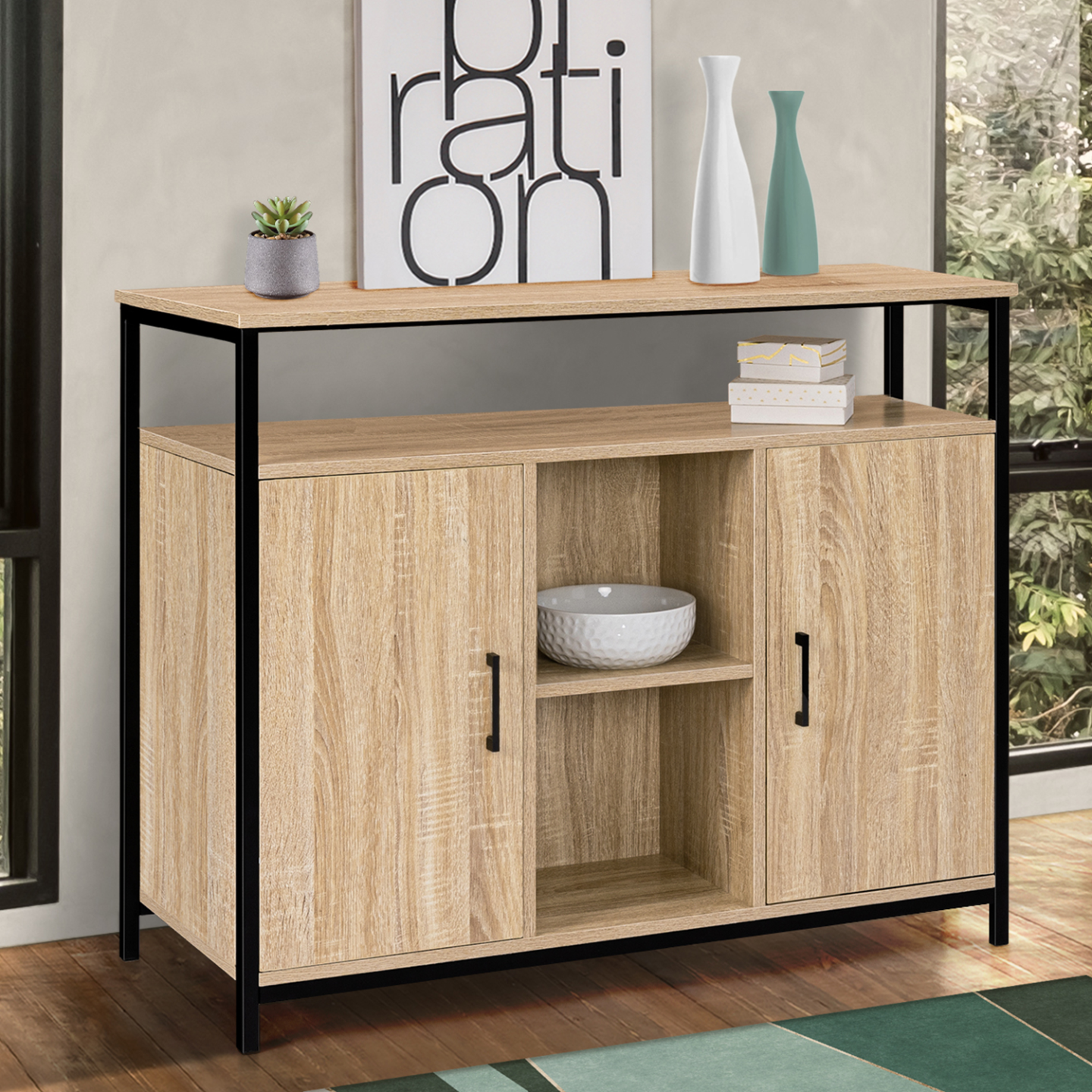 Buffet 100 cm DETROIT 2 portes avec étagères design industriel (compose ref 15343) - Image 1