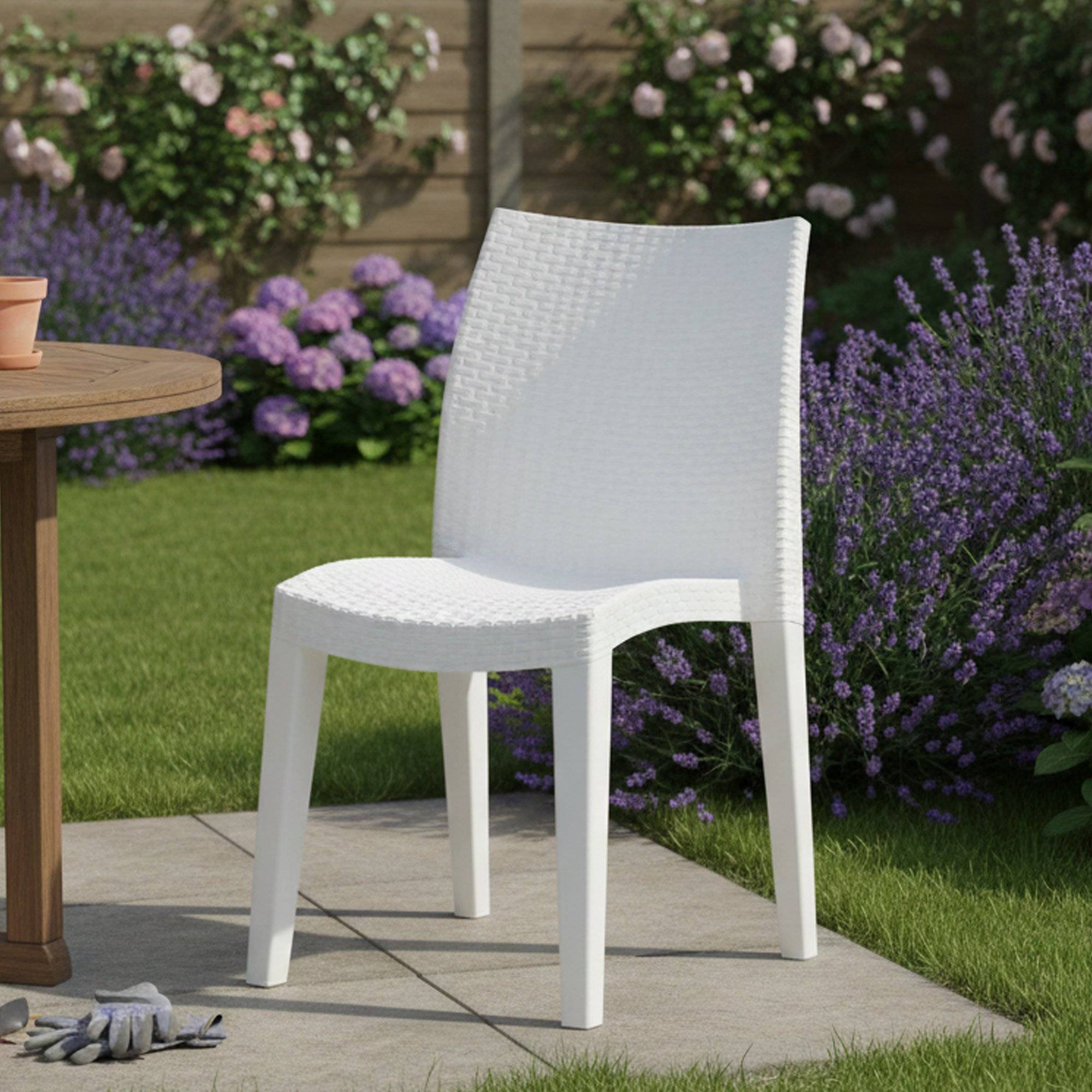 Dmora - Chaise d'extérieur Trieste, Siège de jardin, Chaise pour table à manger, Fauteuil d'extérieur effet rotin, 48x55h86 cm, Blanc - Dmora - Imagen 2