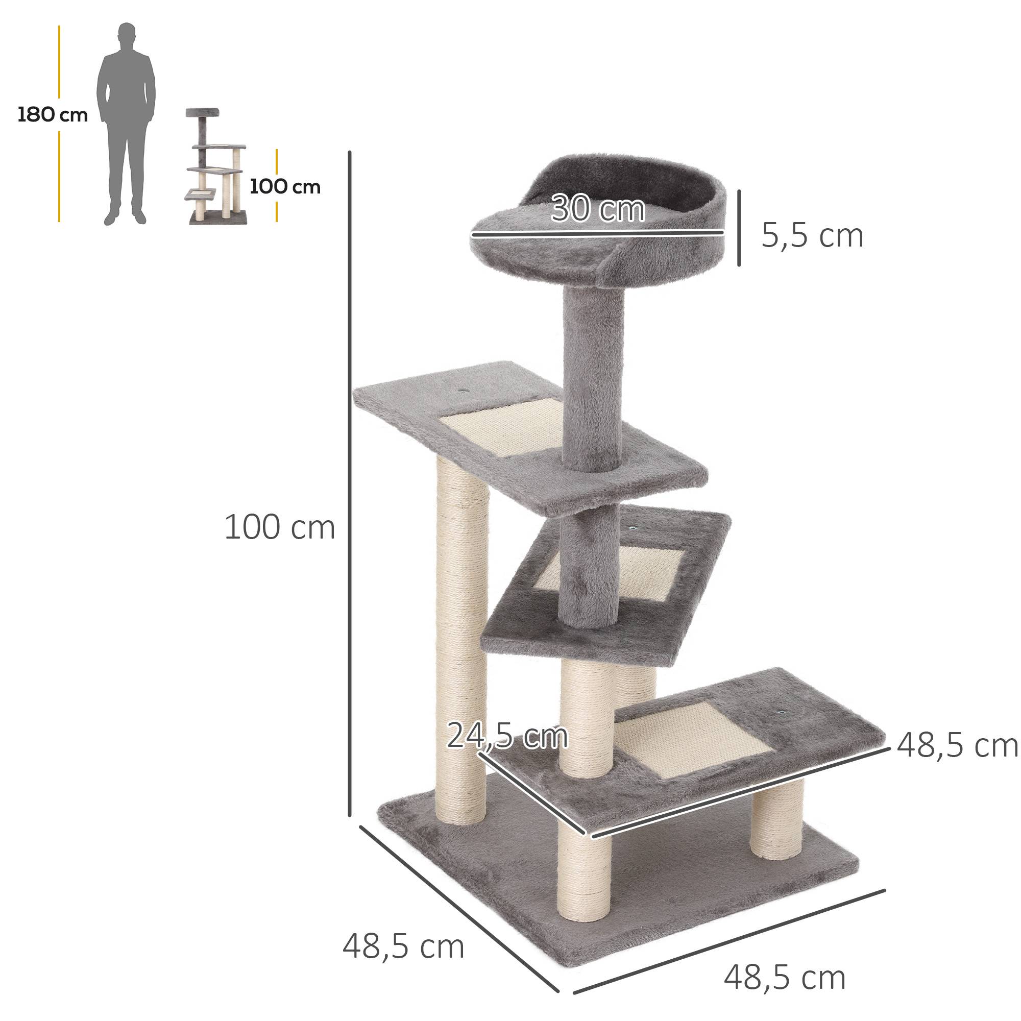 Arbre à chat PawHut 100 cm avec poteaux sisal, grande plateforme, pour petits chats, beige+gris - Image 5