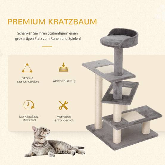 Arbre à chat PawHut 100 cm avec poteaux sisal, grande plateforme, pour petits chats, beige+gris - Image 8