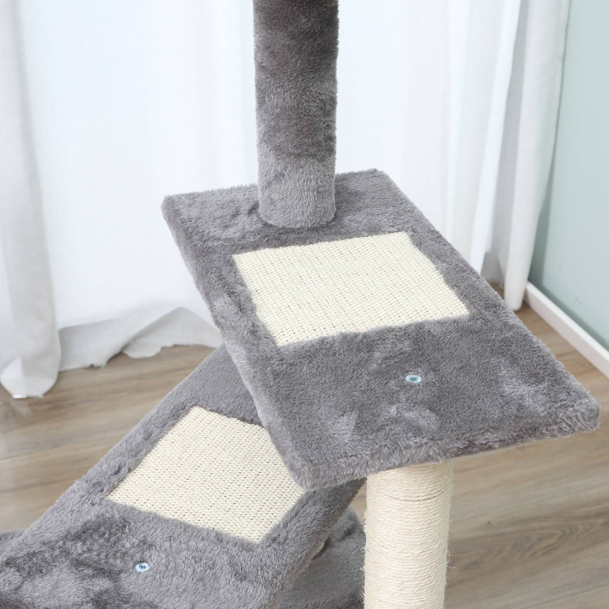Arbre à chat PawHut 100 cm avec poteaux sisal, grande plateforme, pour petits chats, beige+gris - Image 10