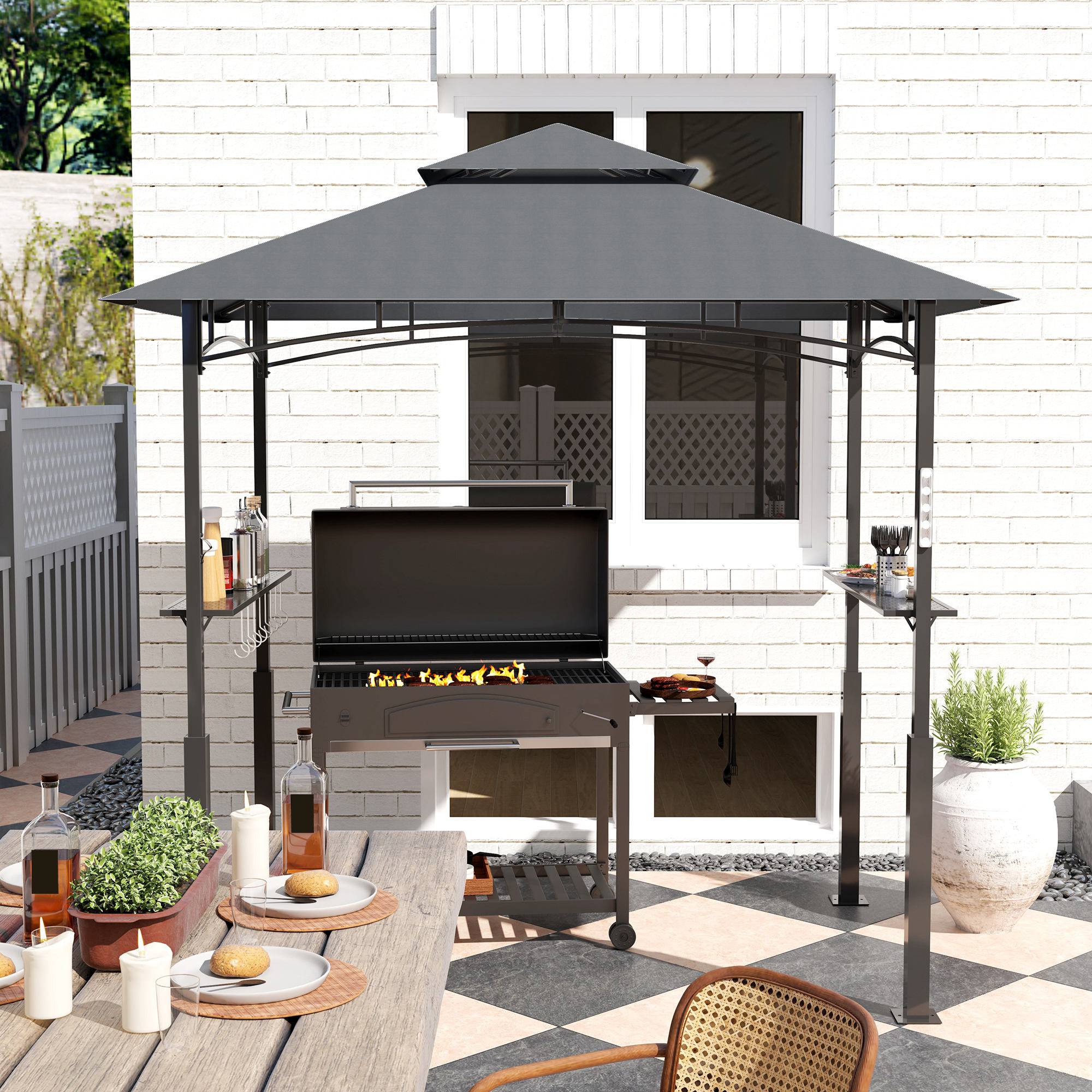 Pavillon de grill, tente grill étagères épices, éclairage LED, métal, plastique, 243Lx148Bx248H cm, gris - Image 10