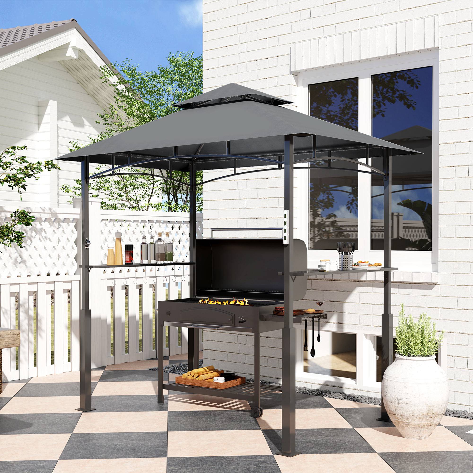 Pavillon de grill, tente grill étagères épices, éclairage LED, métal, plastique, 243Lx148Bx248H cm, gris - Image 4