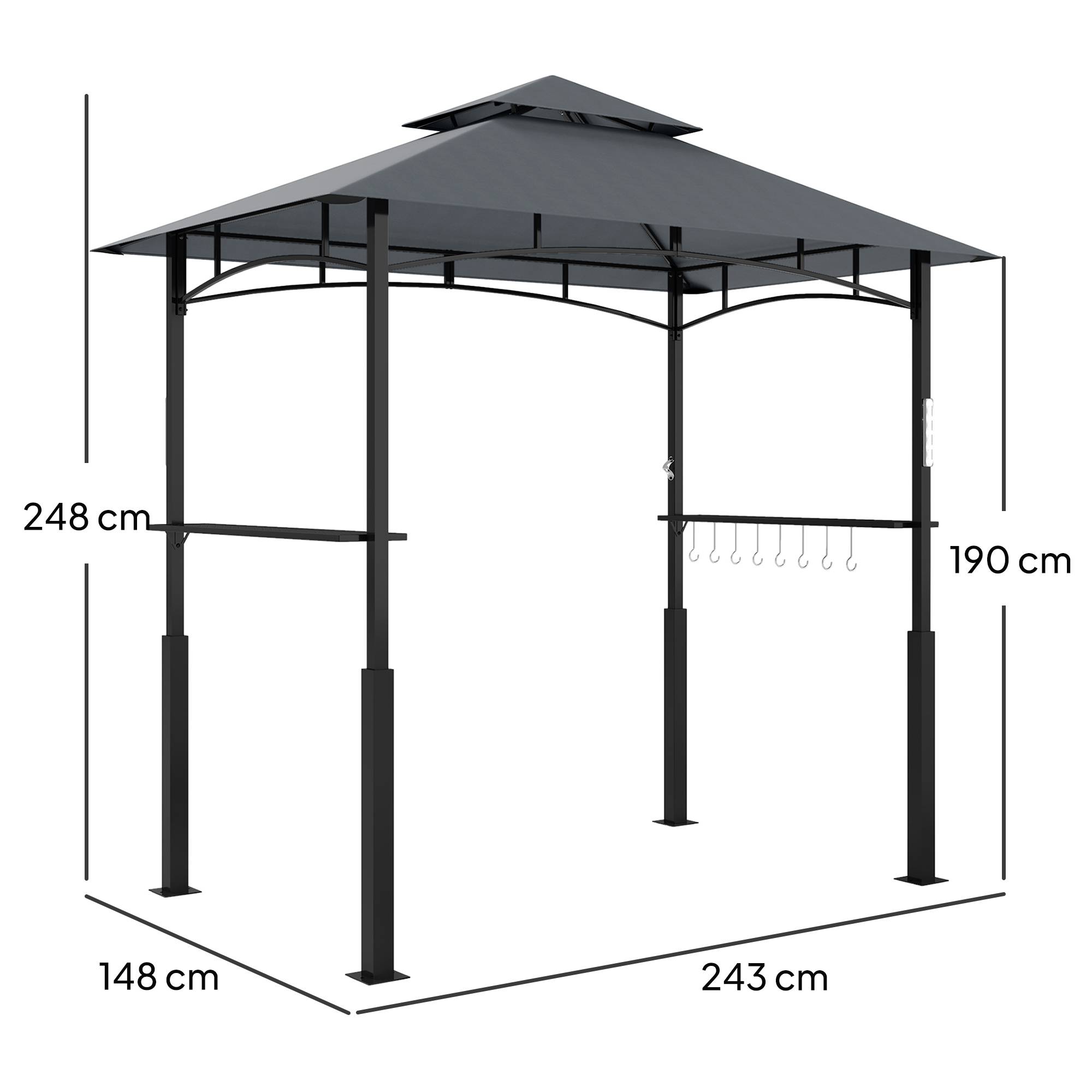 Pavillon de grill, tente grill étagères épices, éclairage LED, métal, plastique, 243Lx148Bx248H cm, gris - Image 5