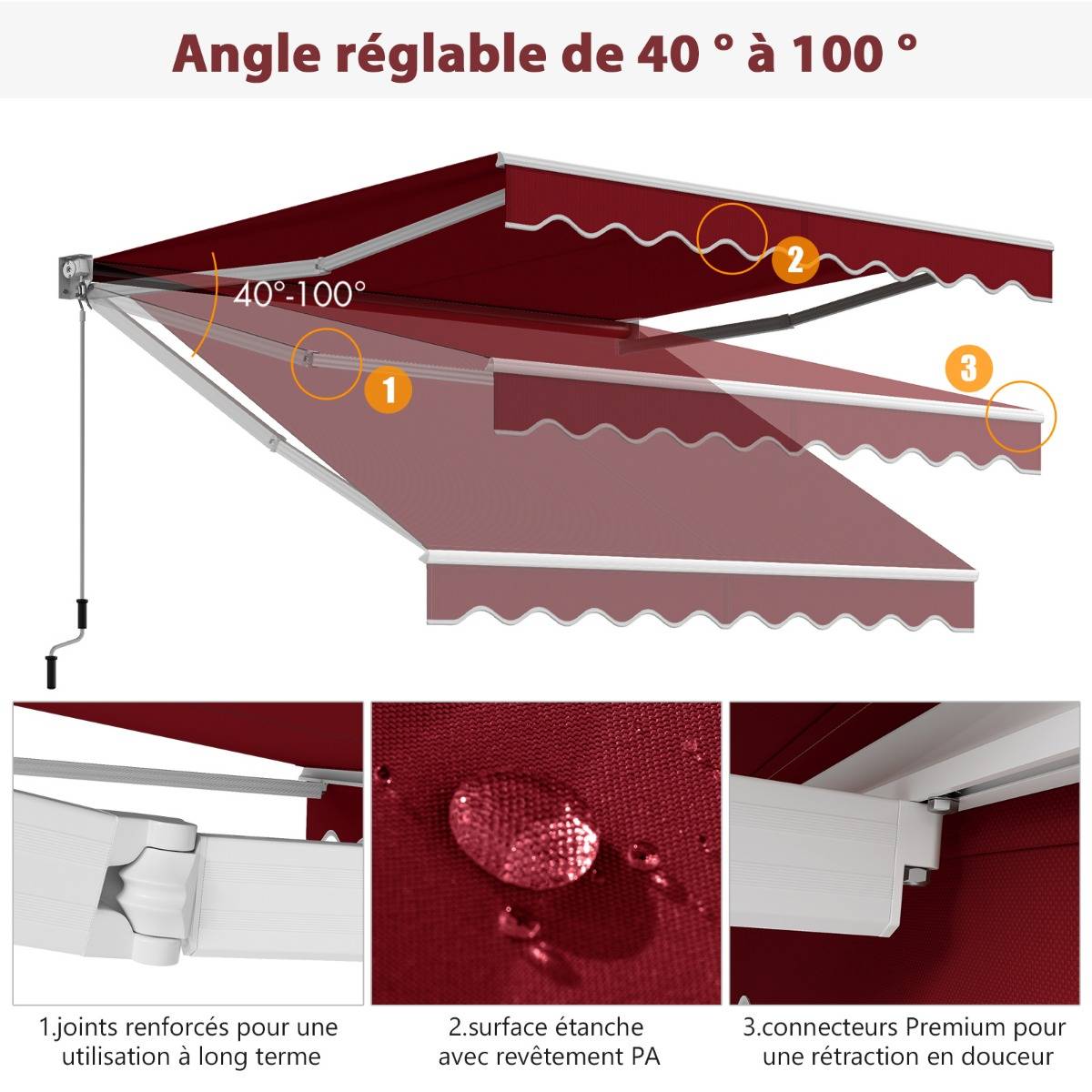 Maison Chic - Store Banne Auvent Rétractable Manuel 295x250CM Angle Ajustable 40°-100° sans Perçage pour Balcon/Jardin Rouge - Image 3