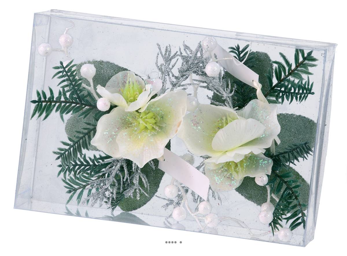 Artificielles - Composition Sapin et fleurs neige de noël 2 pcs par box 16cm factice