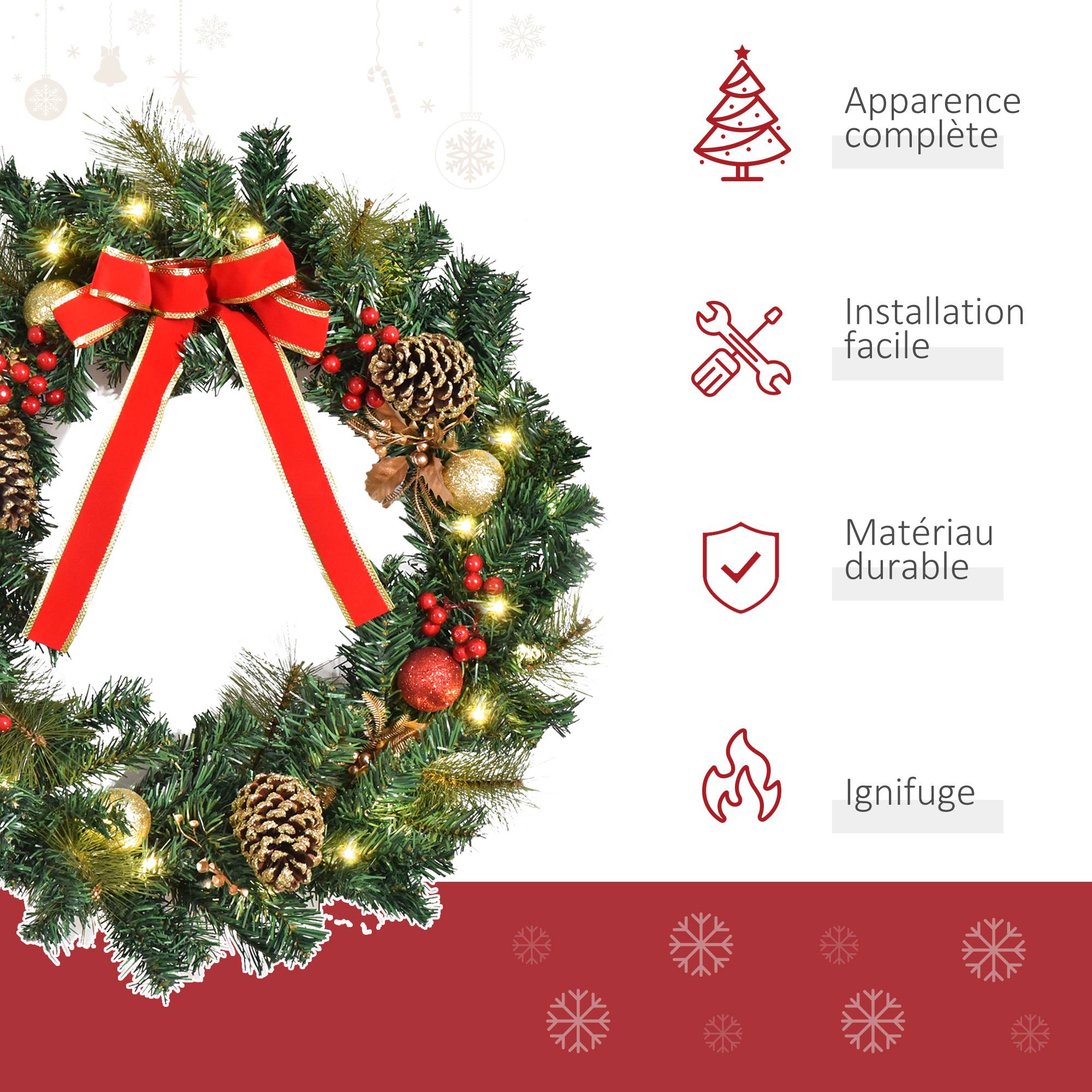 Sans Marque - Couronne de Noël artificielle lumineuse avec 20 LED de 60 cm - décorée de houx et de pommes de pin - Image 6