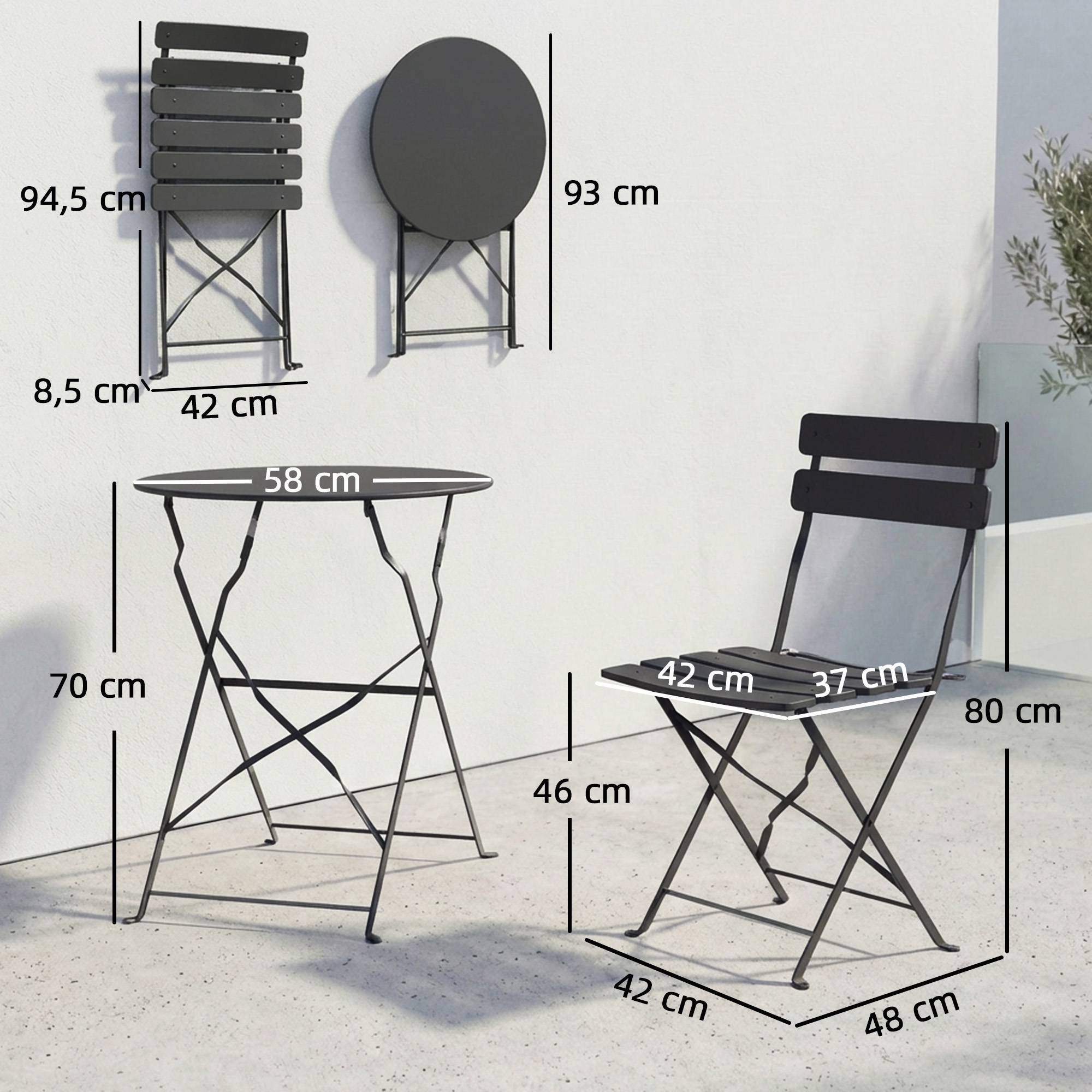 Ensemble Bistrot de Jardin 3 Pièces Table et 2 Chaises Pliantes à Lattes Double Protection Antirouille Noir - Image 5
