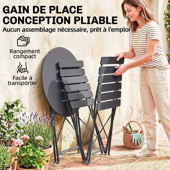 Ensemble Bistrot de Jardin 3 Pièces Table et 2 Chaises Pliantes à Lattes Double Protection Antirouille Noir - Image 8