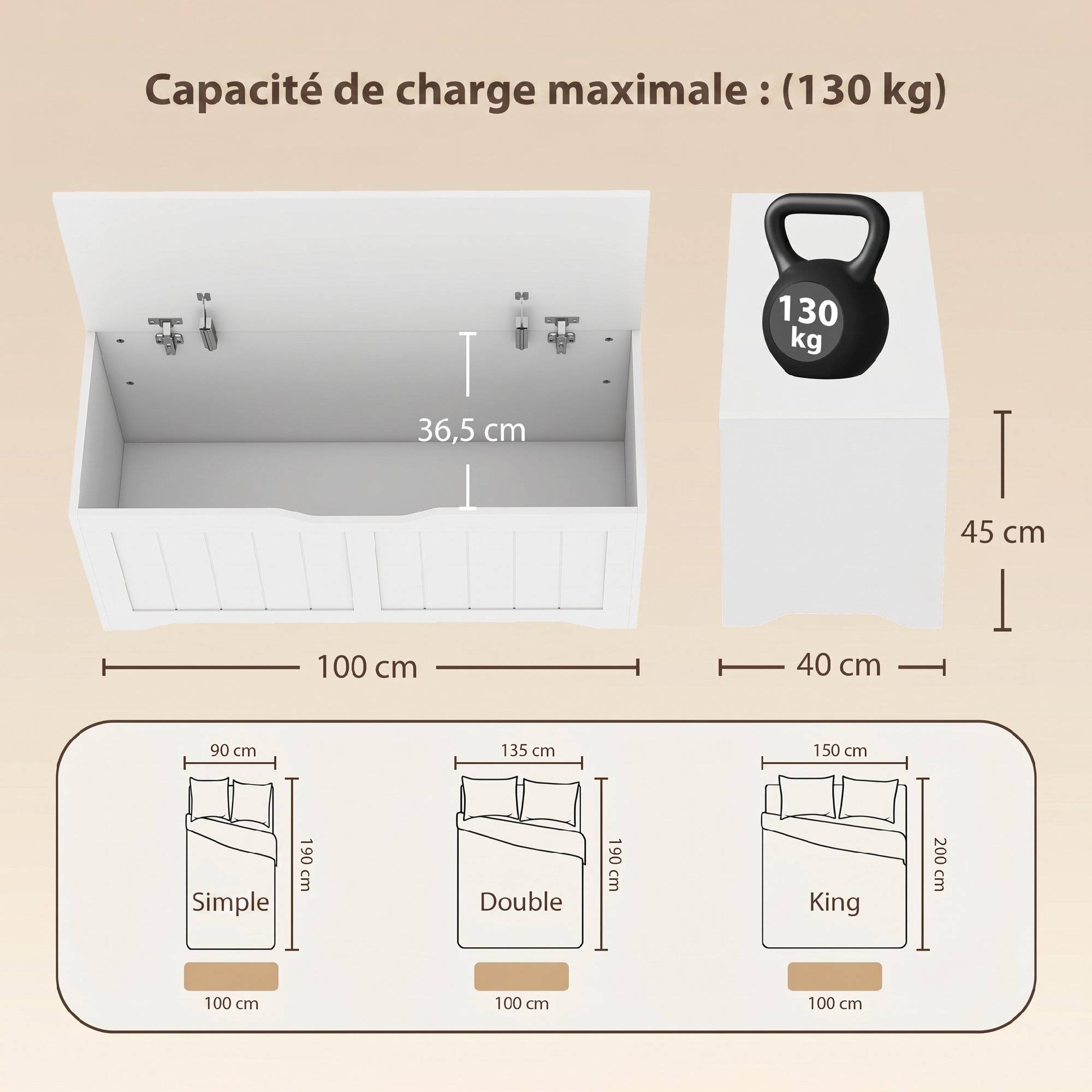 Coffre de Rangement 136 L, Banc Coffre avec 2 Charnières de Sécurité et Design Sans Poignée, 100 x 40 x 45 cm, Blanc - Image 5