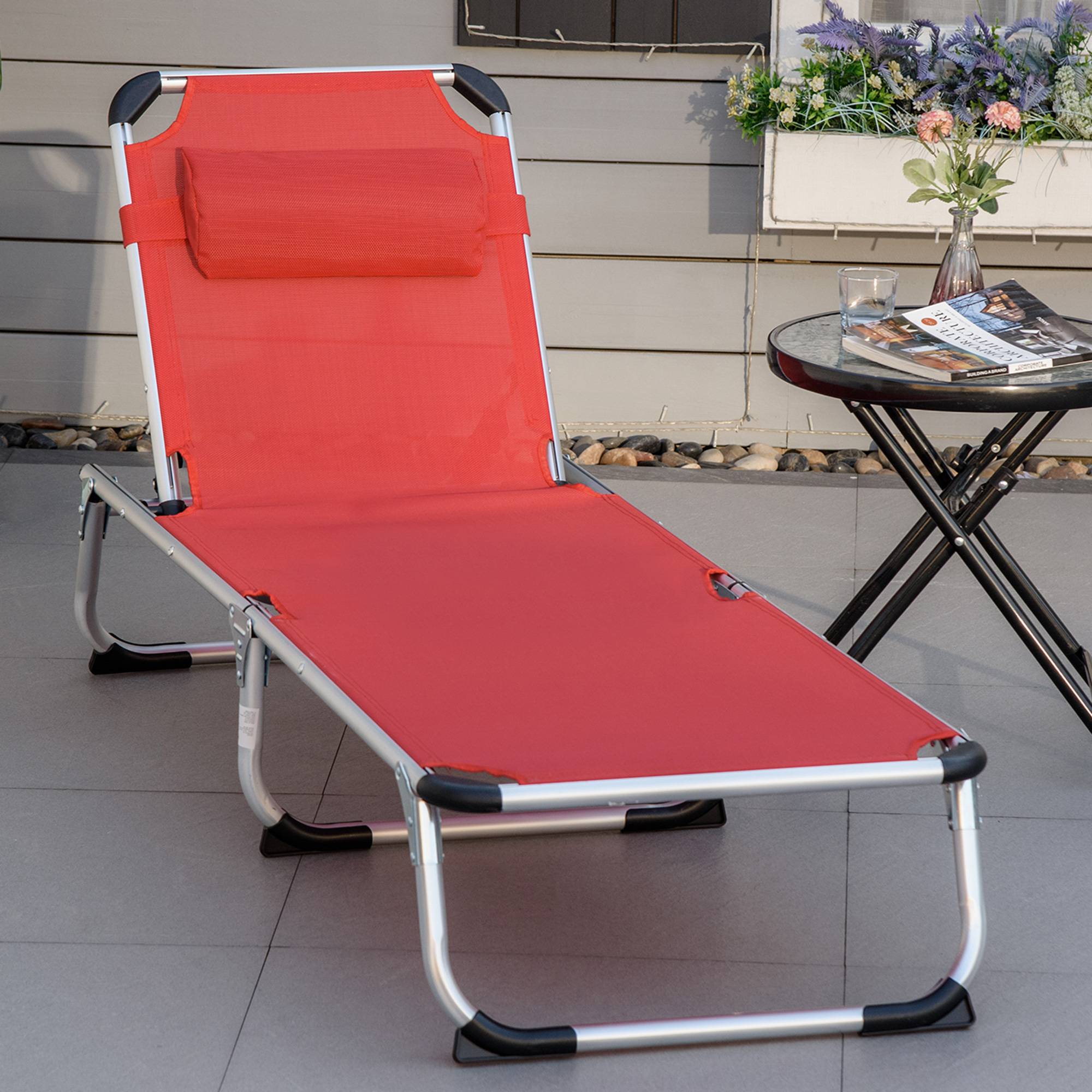 Bain de soleil pliant en aluminium pour jardin et terrasse dossier inclinable rouge - ComfortXL Outdoor Living - Image 3