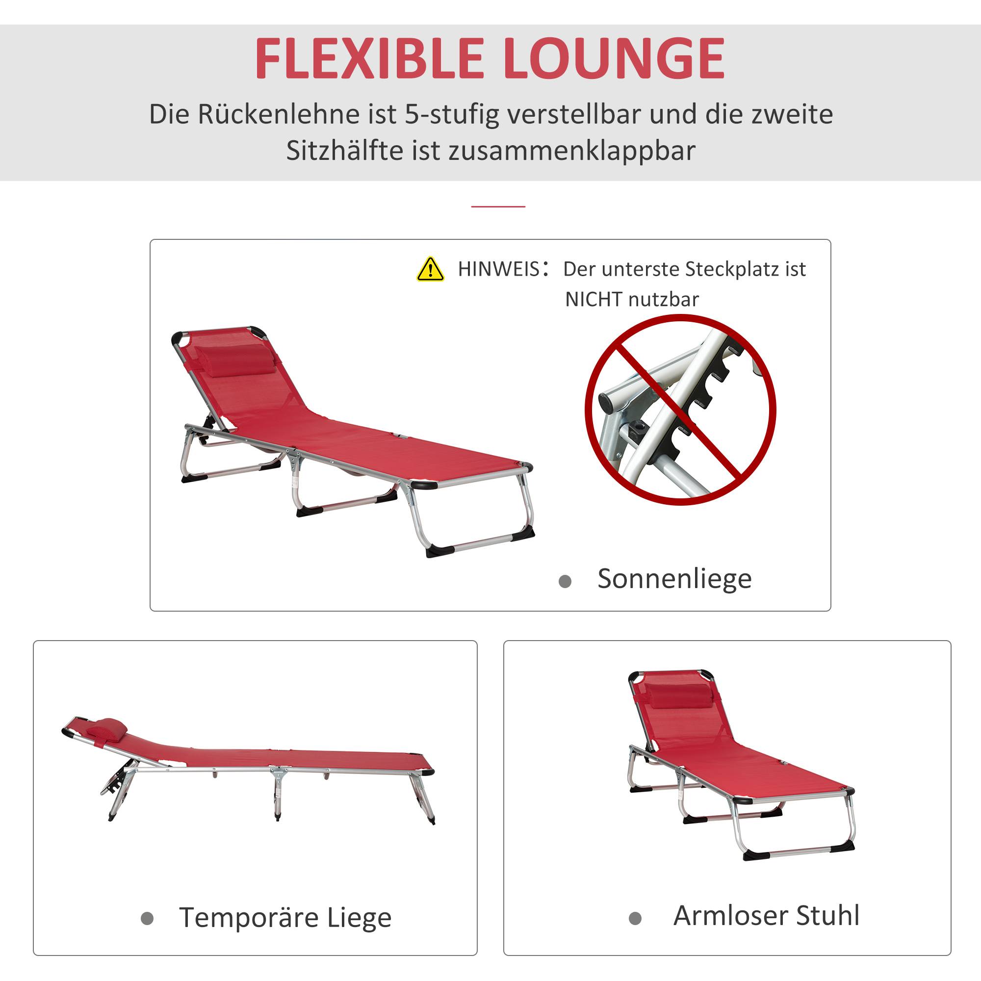 Bain de soleil pliant en aluminium pour jardin et terrasse dossier inclinable rouge - ComfortXL Outdoor Living - Image 7