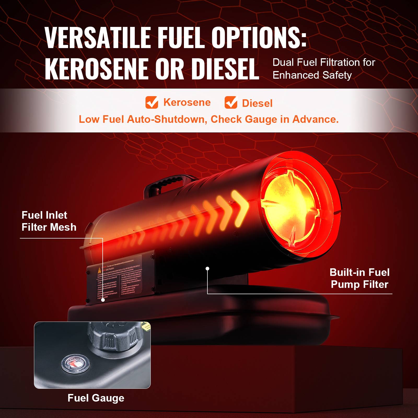 VEVOR Chauffage air pulse kérosène diesel, 70000 BTU, portable, thermostat. 19 L. - Image 4