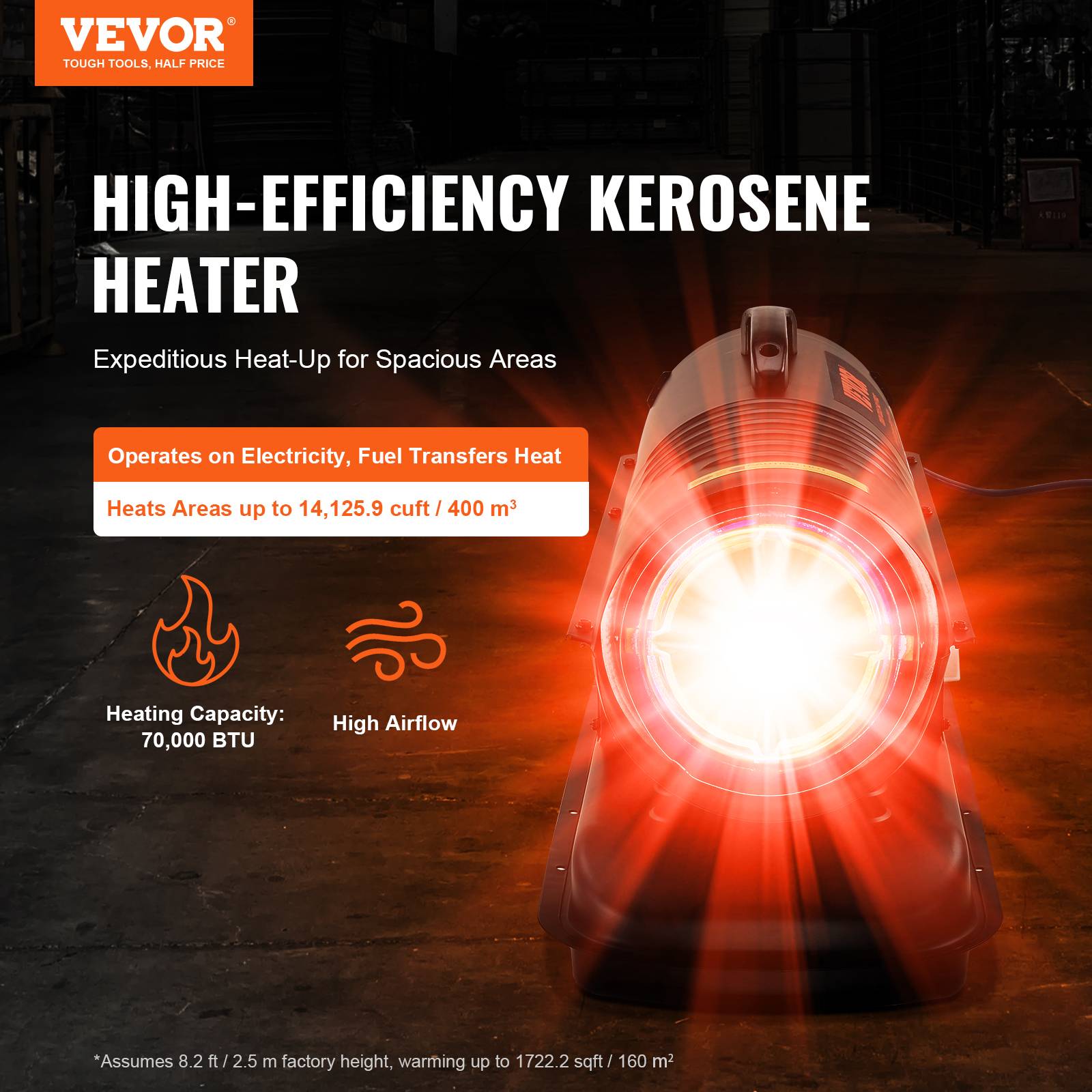 VEVOR Chauffage air pulse kérosène diesel, 70000 BTU, portable, thermostat. 19 L. - Image 2