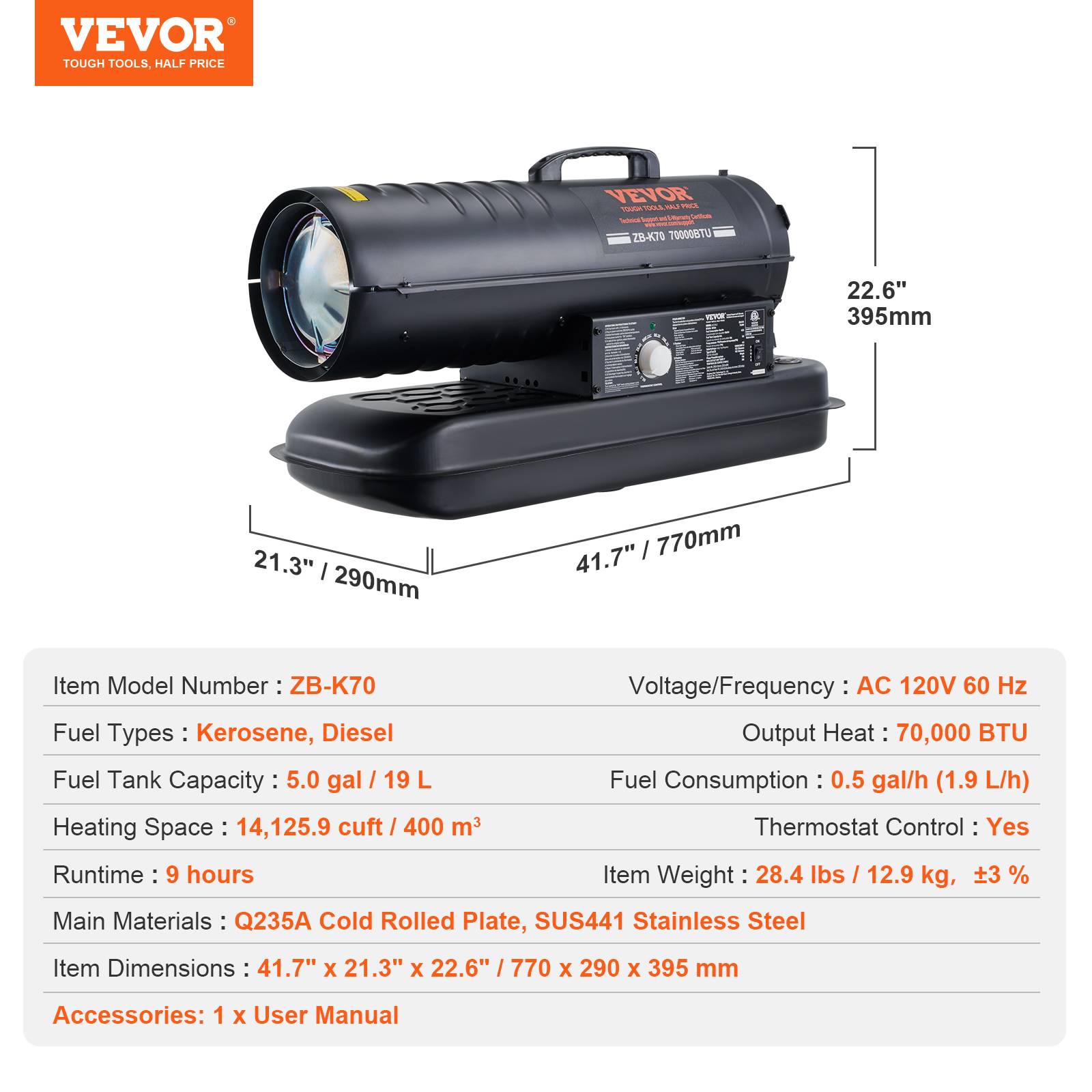 VEVOR Chauffage air pulse kérosène diesel, 70000 BTU, portable, thermostat. 19 L. - Image 7