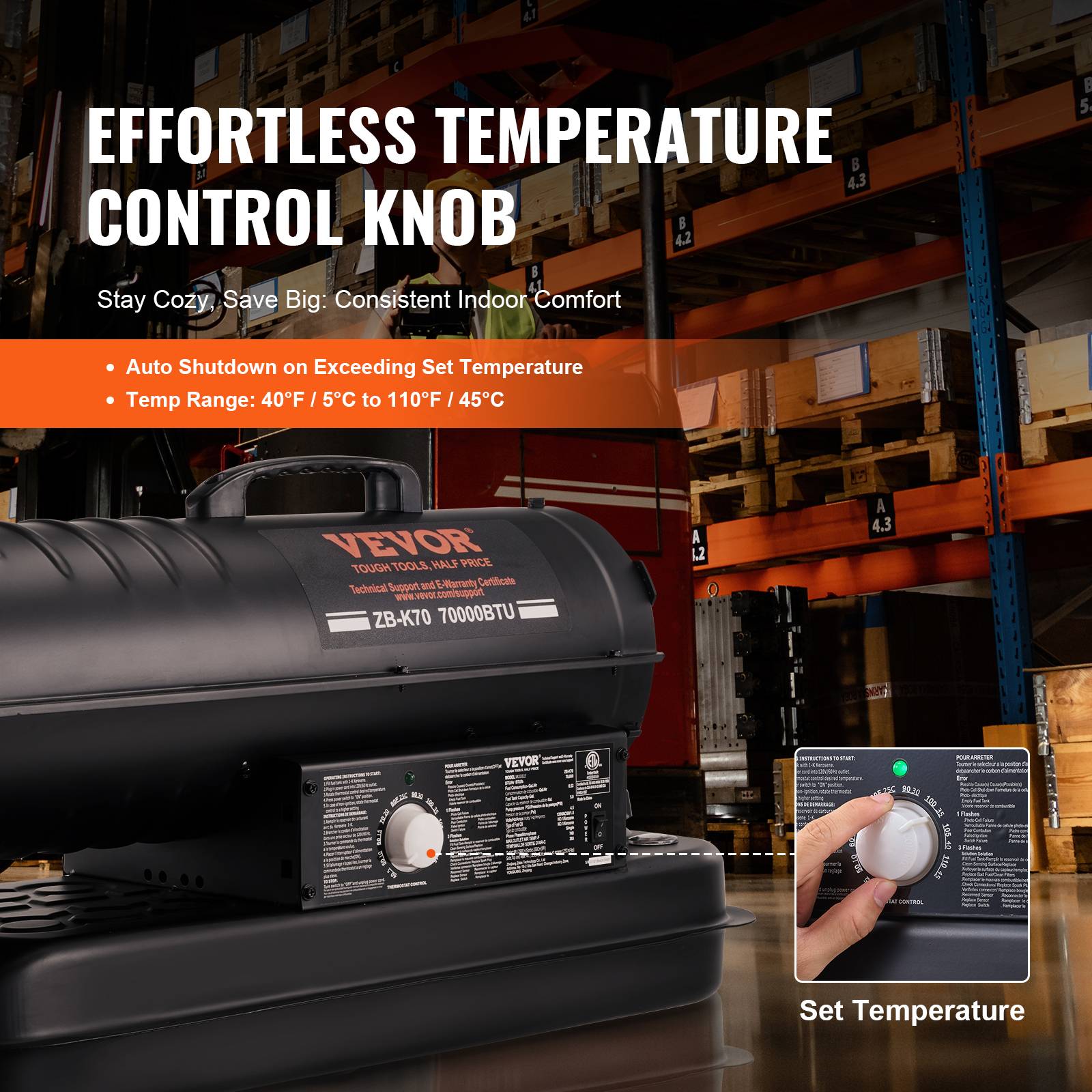 VEVOR Chauffage air pulse kérosène diesel, 70000 BTU, portable, thermostat. 19 L. - Image 3