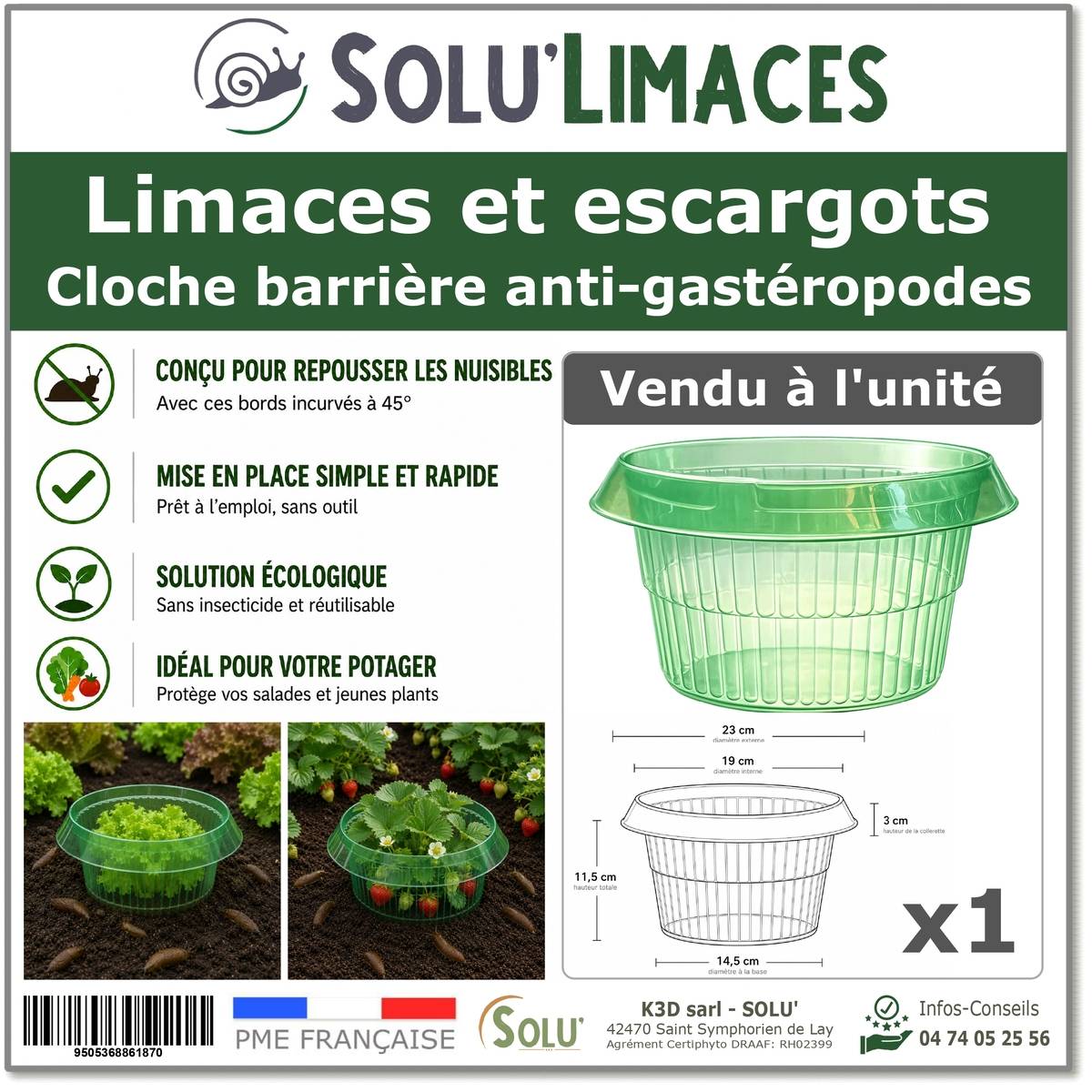 SOLU'LIMACES -1 Cloche Barrière Limaces et Escargots – Protection Physique Réutilisable pour Salades, Fraisiers, Choux – Ø23cm