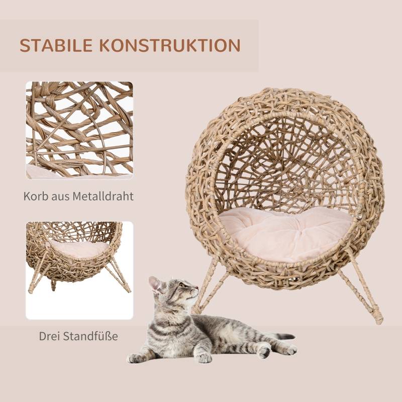 Niche Chat Rotin Intérieur Panier Rond Surélevé Coussin Inclus Marron Ø52cm - ComfortXL Outdoor Living - Image 4