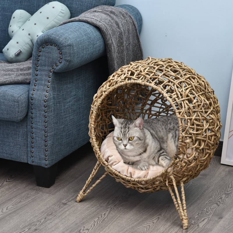 Niche Chat Rotin Intérieur Panier Rond Surélevé Coussin Inclus Marron Ø52cm - ComfortXL Outdoor Living - Image 7