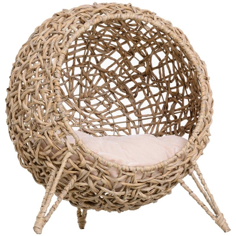 Niche Chat Rotin Intérieur Panier Rond Surélevé Coussin Inclus Marron Ø52cm - ComfortXL Outdoor Living - Image 2