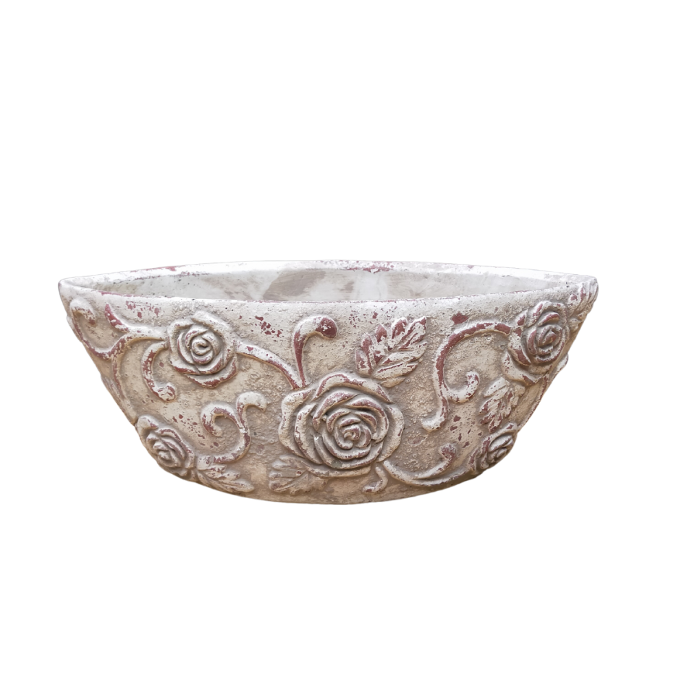 ~ Jardinière barque "Roses et Arabesques" en béton gris 33 x 13.5 x 14.5 cm Chemin de campagne