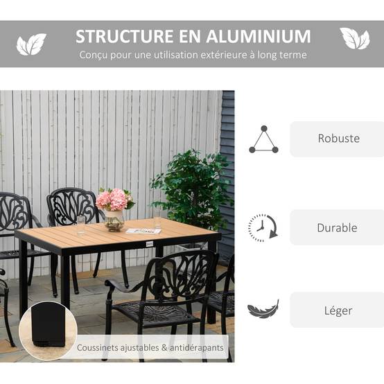 Table à manger jardin aluminium terrasse repas extérieur aspect bois 140 cm - ComfortXL Outdoor Living - Image 7
