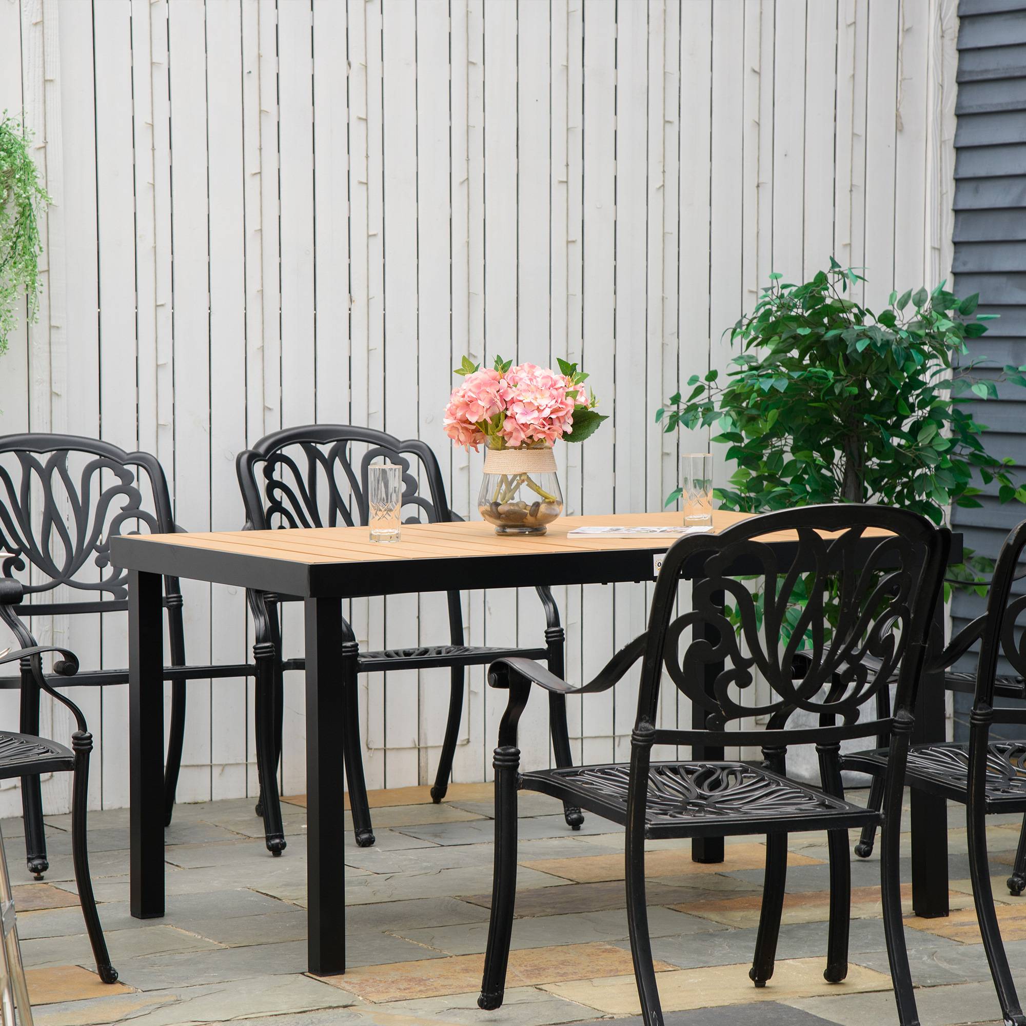 Table à manger jardin aluminium terrasse repas extérieur aspect bois 140 cm - ComfortXL Outdoor Living - Image 3