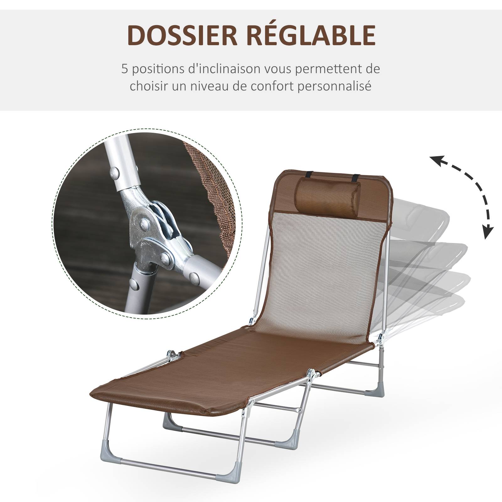 Outsunny - Bain de soleil transat pliable dossier réglable 5 positions acier teslin marron - Outsunny - Imagen 4