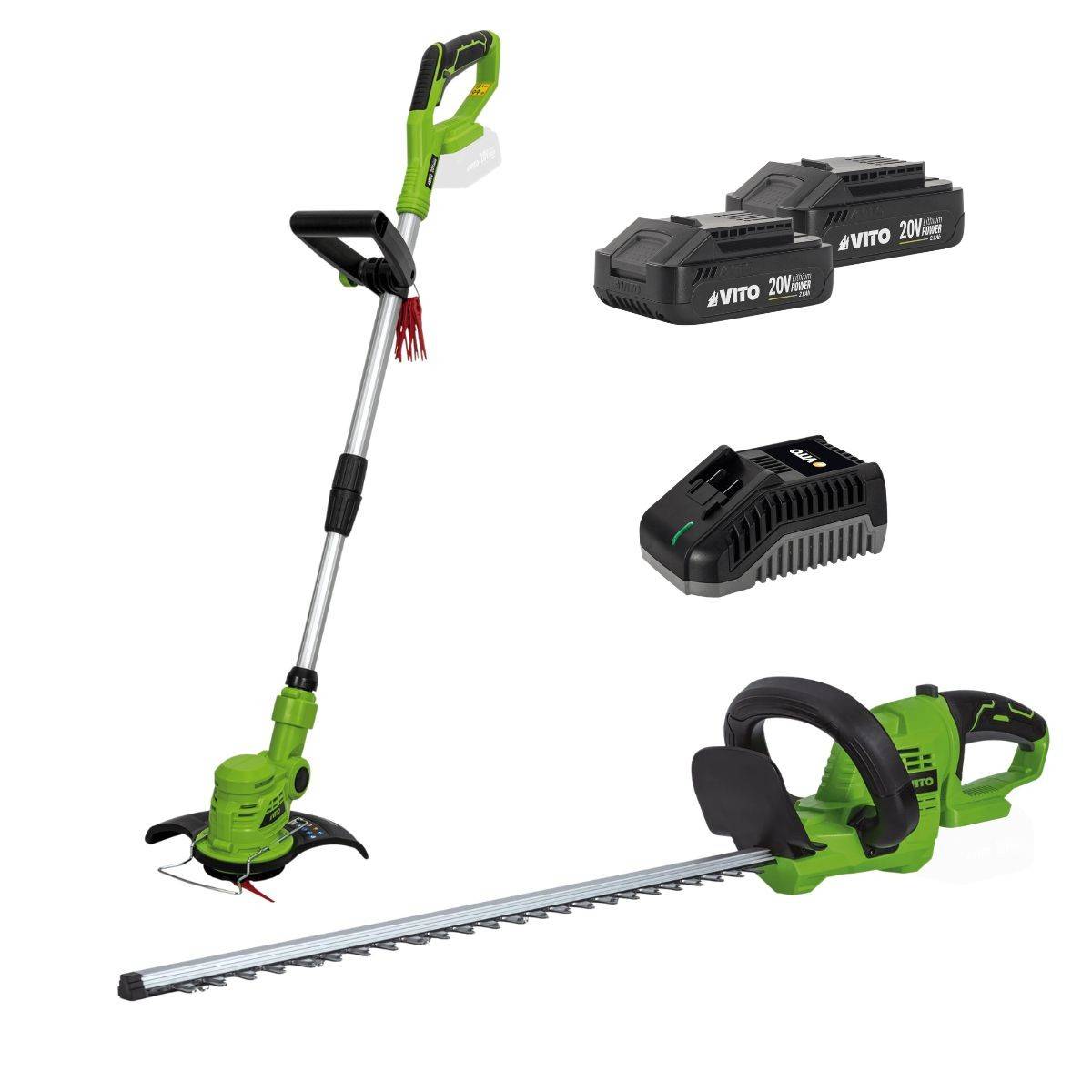 Pack 2 outils 20V Coupe Bordure + Taille Haies + 2 Batteries Lithium 2.0Ah + Jeu de 20 lames + Chargeur VITO - Image 1