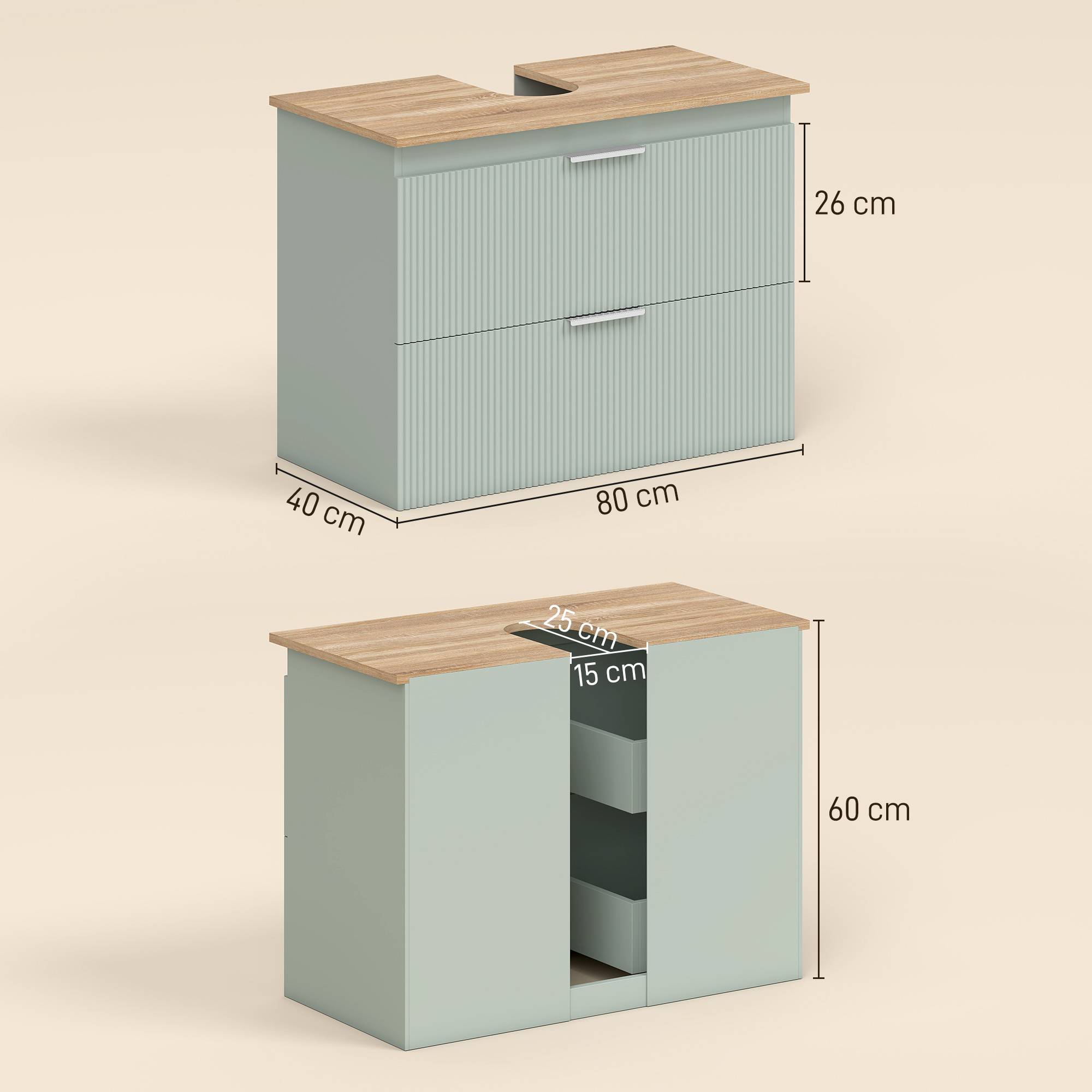 Sans Marque - Meuble sous lavabo salle bain 2 tiroirs style moderne 80x40x60 cm vert bois naturel - Image 5