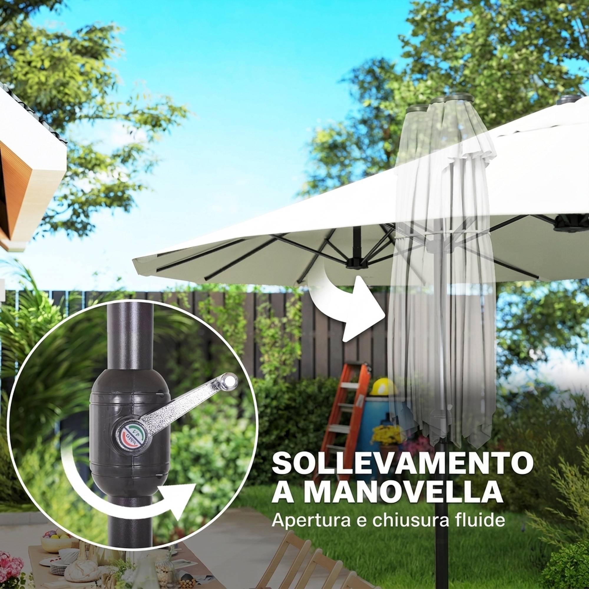 Parasol double 4,6x2,7 m à 12 baleines avec prises d'air et manivelle, en acier et polyester anti-UV, beige - Image 9
