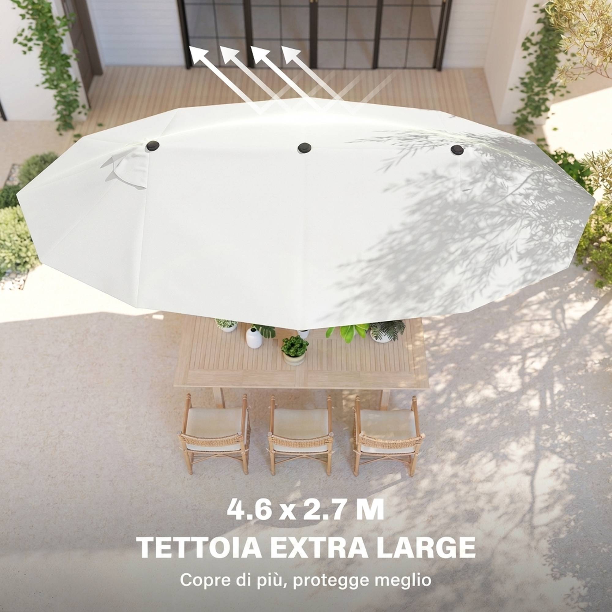 Parasol double 4,6x2,7 m à 12 baleines avec prises d'air et manivelle, en acier et polyester anti-UV, beige - Image 6