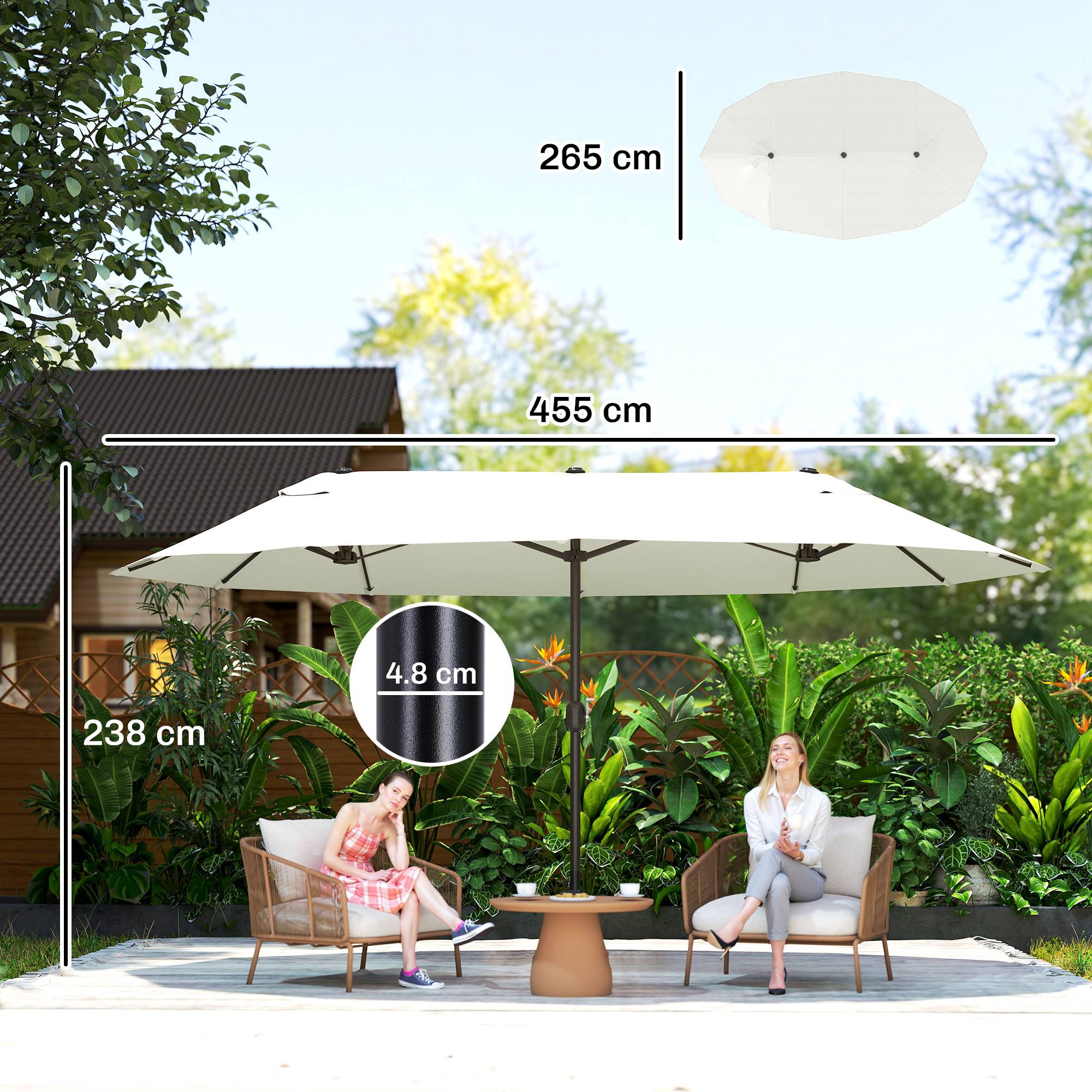 Parasol double 4,6x2,7 m à 12 baleines avec prises d'air et manivelle, en acier et polyester anti-UV, beige - Image 5