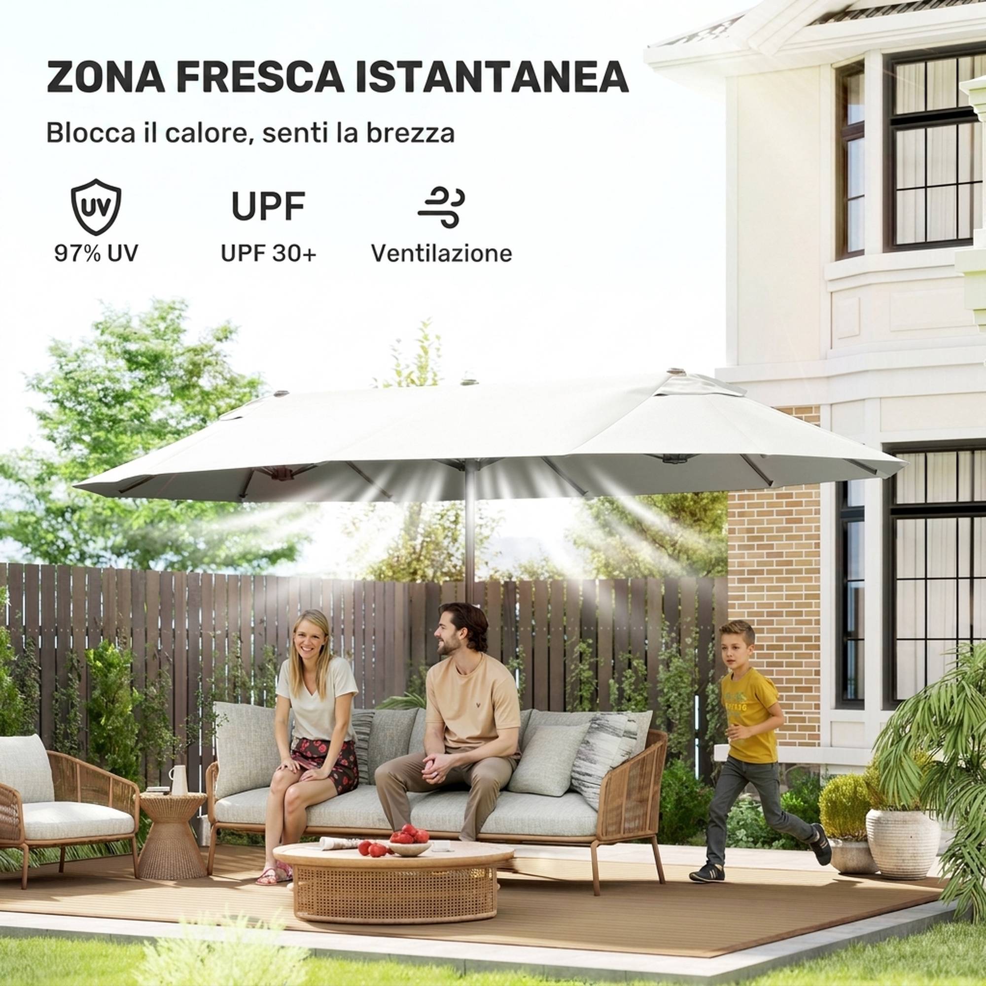 Parasol double 4,6x2,7 m à 12 baleines avec prises d'air et manivelle, en acier et polyester anti-UV, beige - Image 7