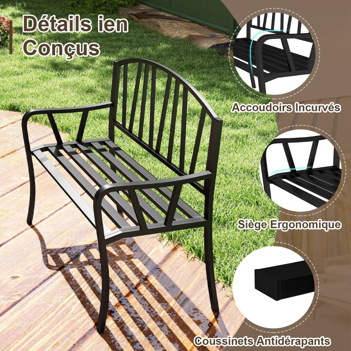 Banc de Jardin en Métal de 129cm Banc à Lattes pour 2 à 3 Personnes Banc pour Parc avec Accoudoirs - Image 6