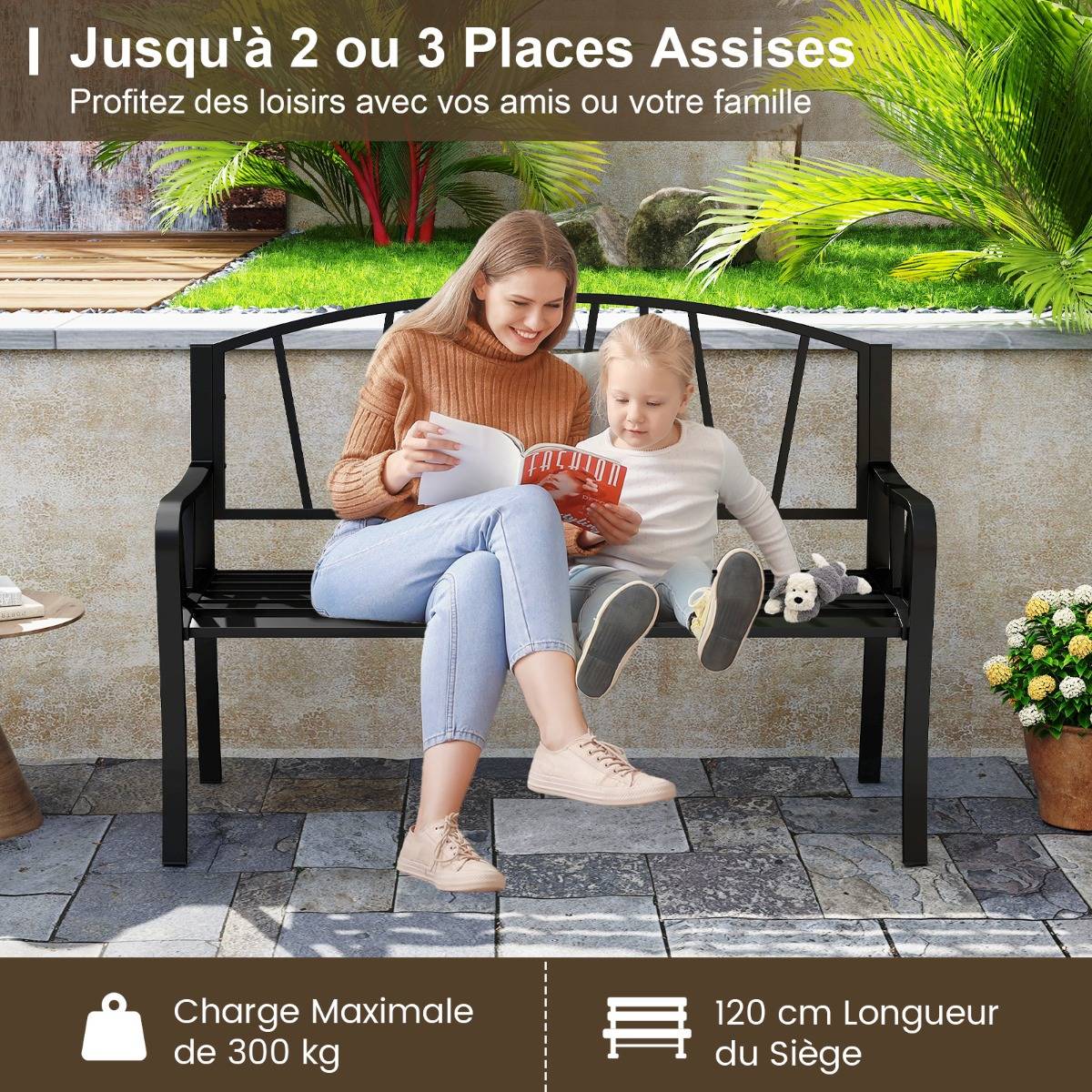 Banc de Jardin en Métal de 129cm Banc à Lattes pour 2 à 3 Personnes Banc pour Parc avec Accoudoirs - Image 8