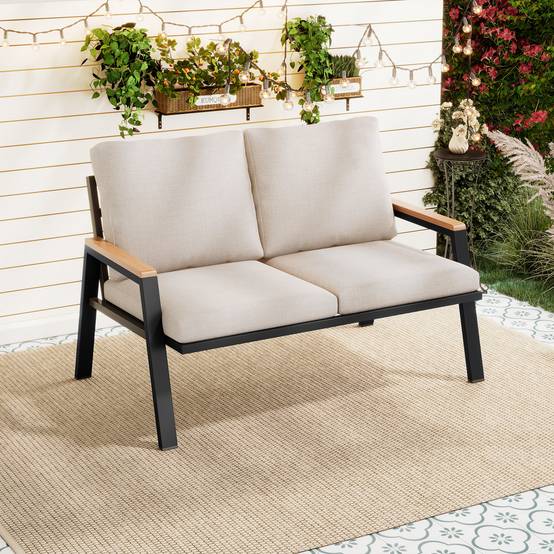 Canapé de jardin 2 places acier galvanisé accoudoirs bois-plastique gris-beige - Image 1