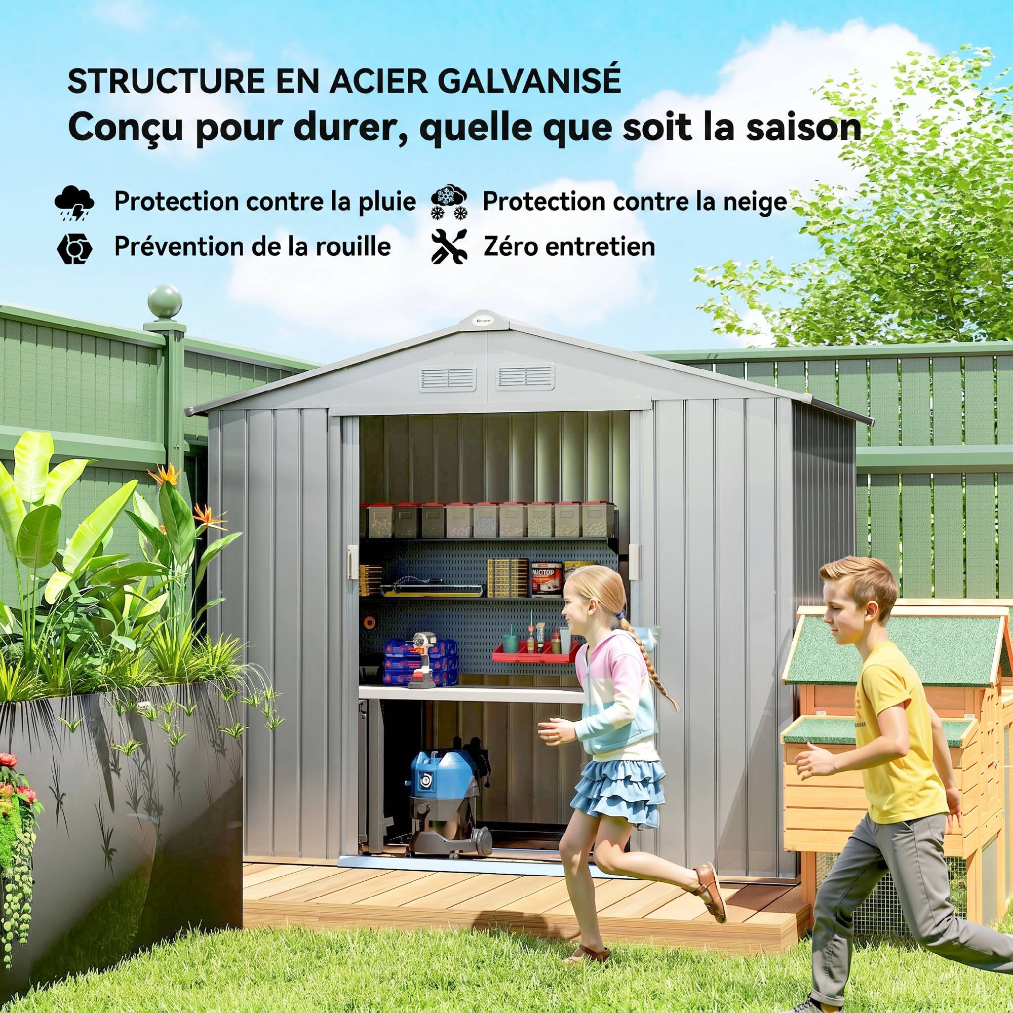 ComfortXL - Abri de jardin en acier gris 2,42 m² pour outils avec kit de fondation et double porte verrouillable - Image 4