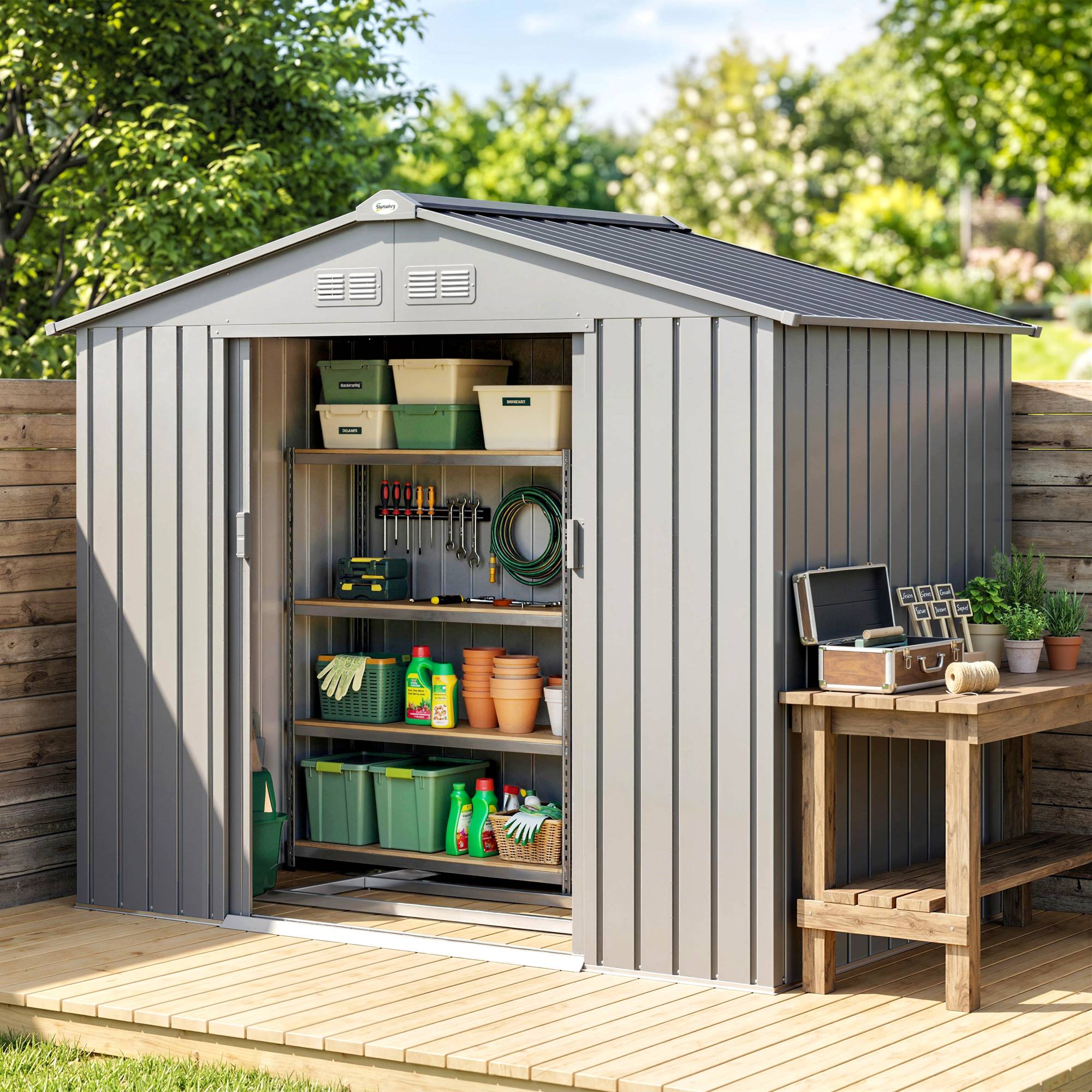 ComfortXL - Abri de jardin en acier gris 2,42 m² pour outils avec kit de fondation et double porte verrouillable - Image 8