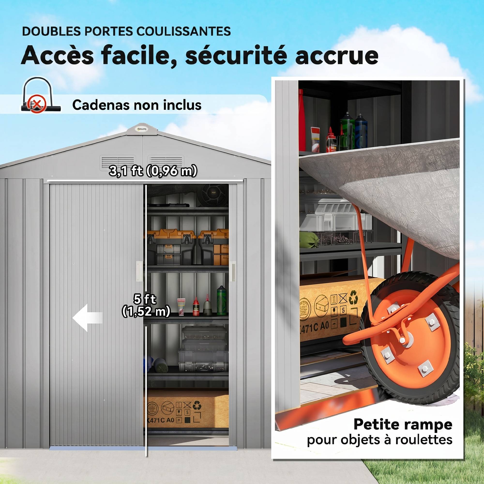 ComfortXL - Abri de jardin en acier gris 2,42 m² pour outils avec kit de fondation et double porte verrouillable - Image 5