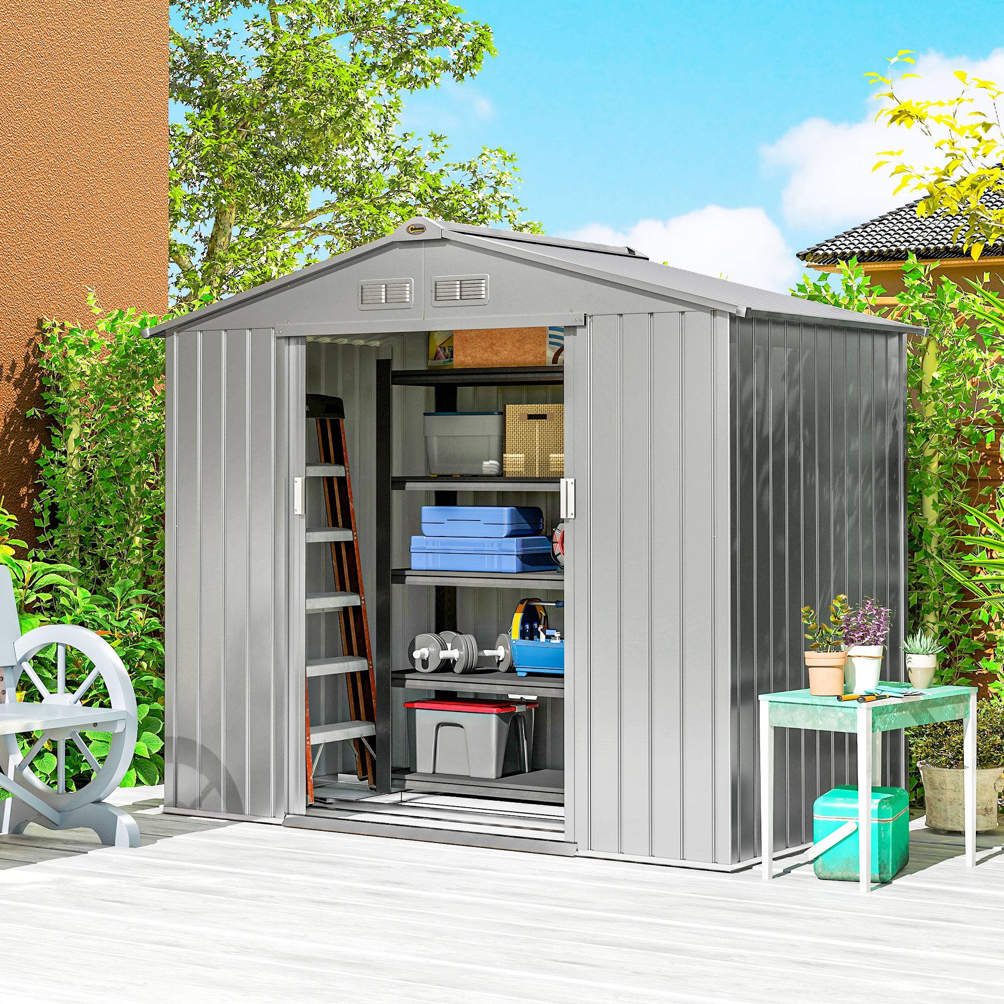 ComfortXL - Abri de jardin en acier gris 2,42 m² pour outils avec kit de fondation et double porte verrouillable - Image 1