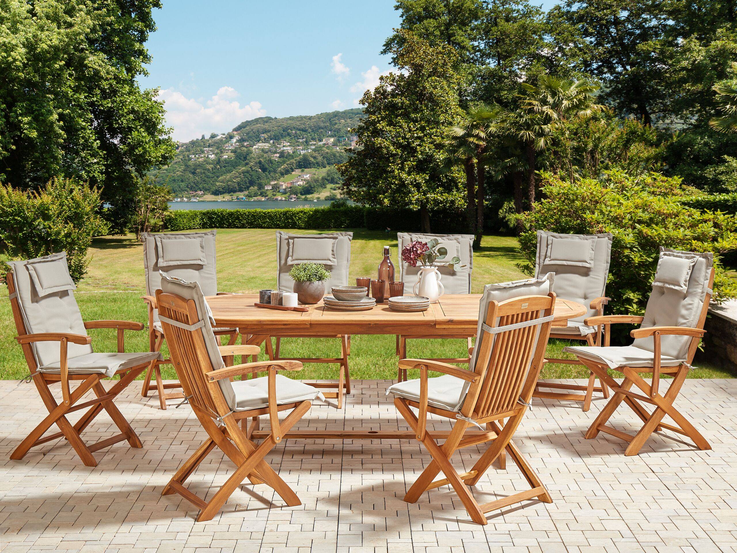 Beliani - Ensemble de Jardin en Bois d'Acacia avec Coussins Taupe Table et Chaises Pliantes 8 Places Style Rustique - Imagen 2