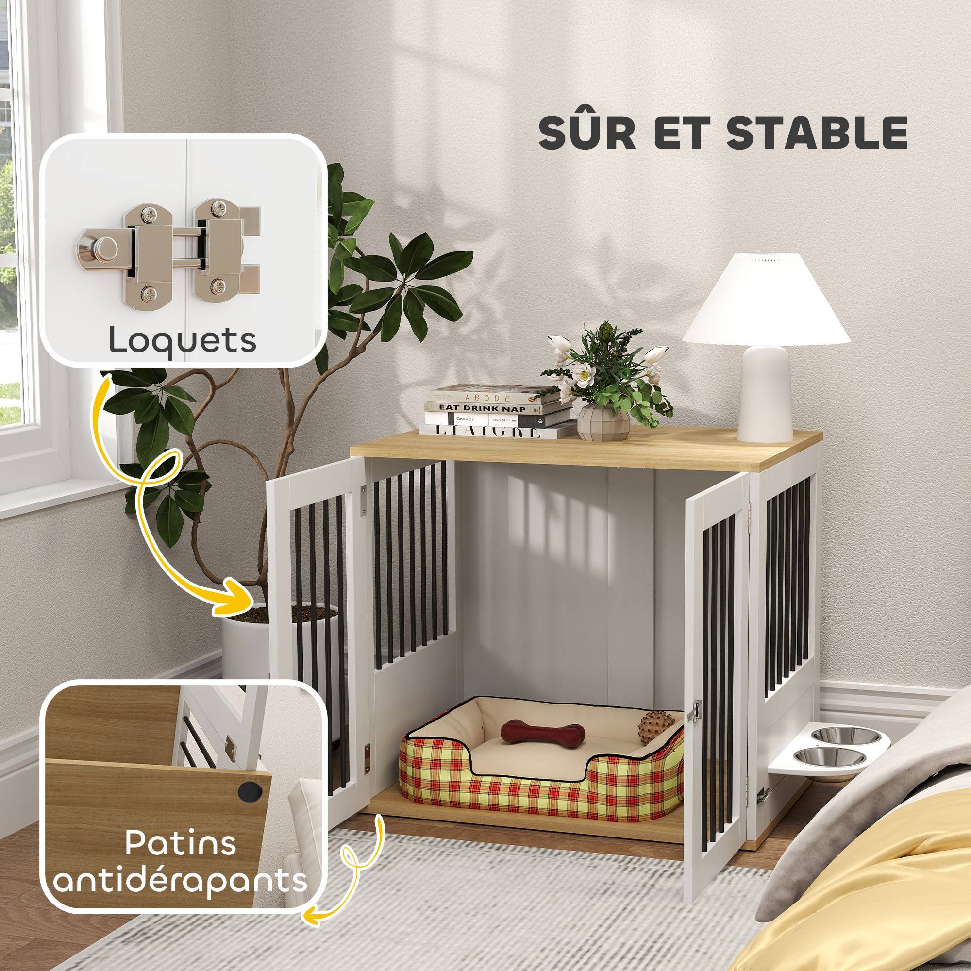 Cage chien meuble bois acier pour chien moyen avec gamelles rotatives 80x55x71cm blanc - ComfortXL Outdoor Living - Image 8