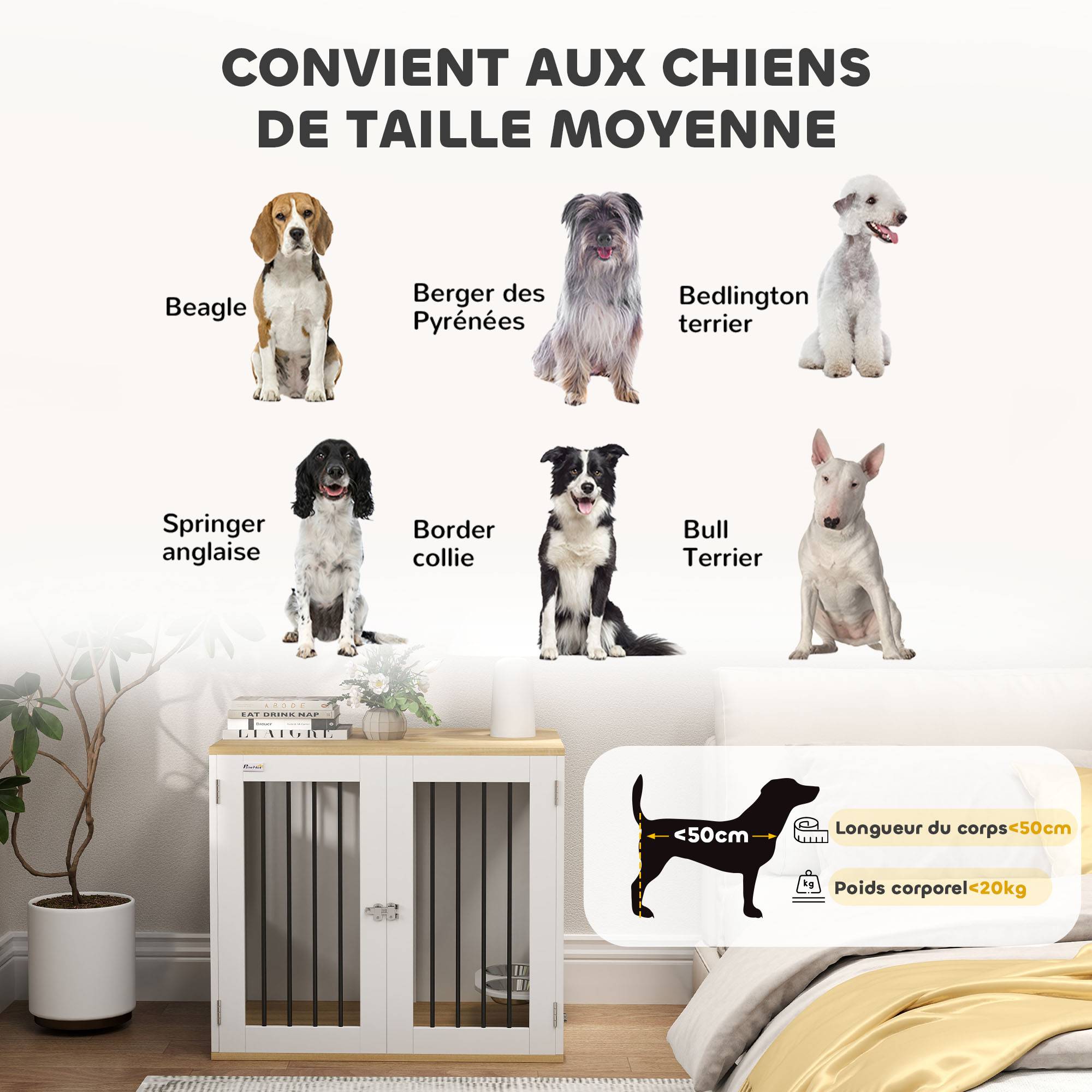 Cage chien meuble bois acier pour chien moyen avec gamelles rotatives 80x55x71cm blanc - ComfortXL Outdoor Living - Image 9
