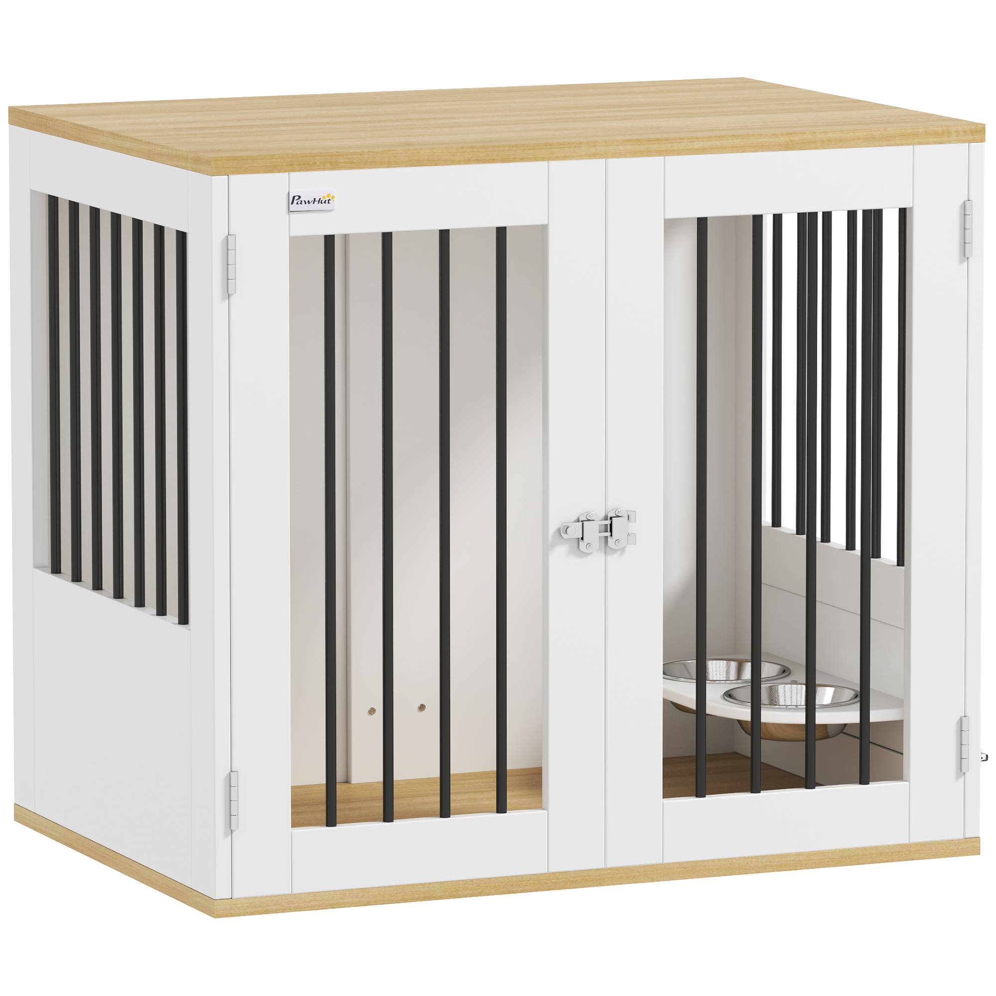 Cage chien meuble bois acier pour chien moyen avec gamelles rotatives 80x55x71cm blanc - ComfortXL Outdoor Living - Image 2