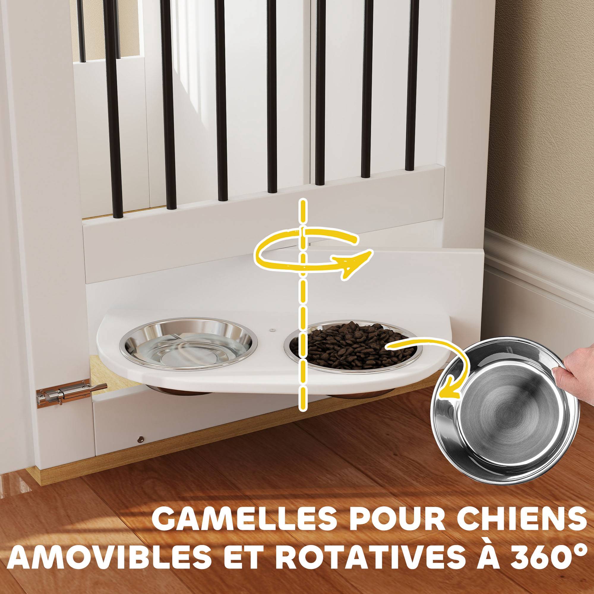 Cage chien meuble bois acier pour chien moyen avec gamelles rotatives 80x55x71cm blanc - ComfortXL Outdoor Living - Image 6