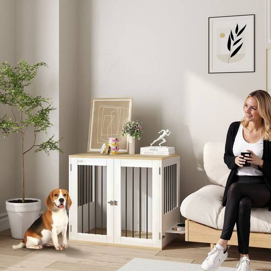 Cage chien meuble bois acier pour chien moyen avec gamelles rotatives 80x55x71cm blanc - ComfortXL Outdoor Living - Image 4